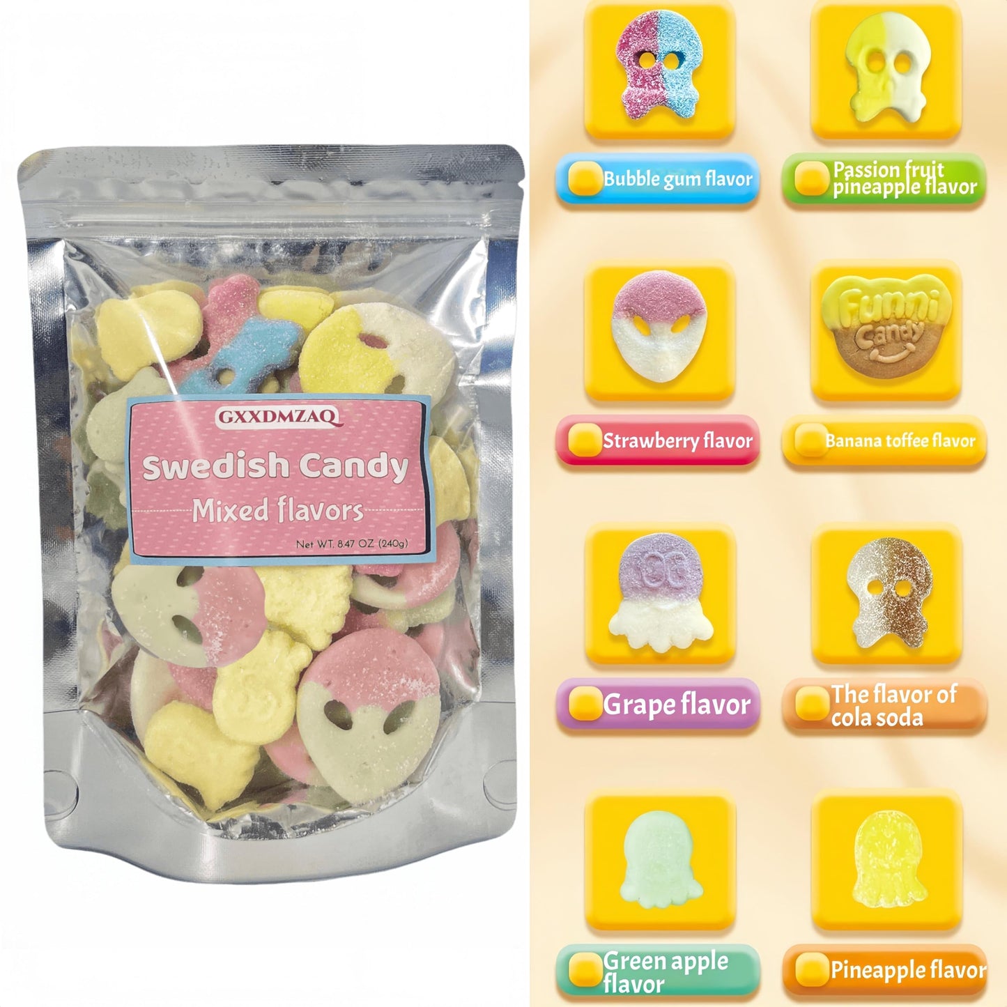 Bubs Swedish Gummy Candy Variety Pack, 8.5oz Bag - Sour & Sweet Assorted Chewy Foam Candies from Sweden - Skulls, Ovals, Pacifiers in Tropical