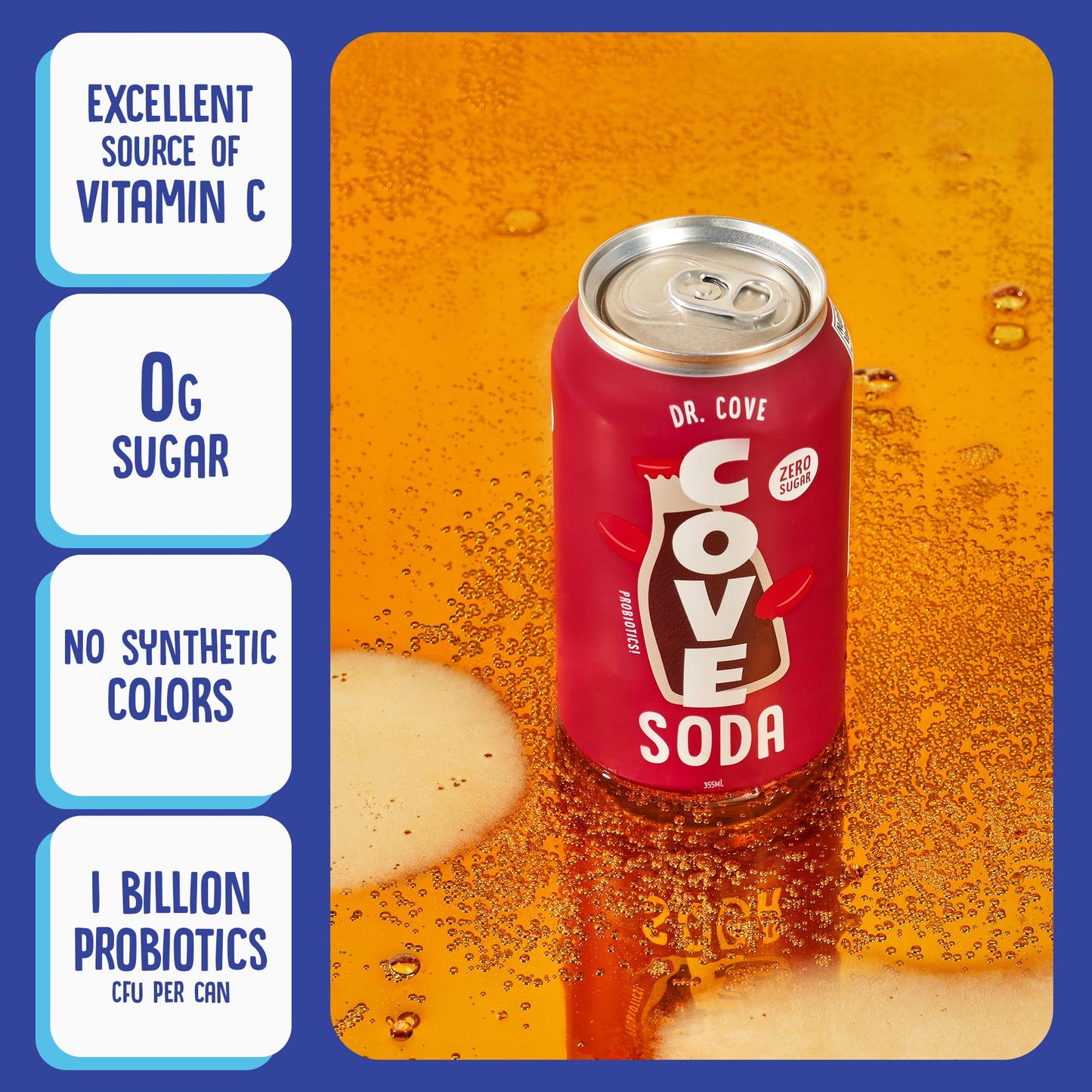 Cove Probiotic Soda, Zero Sugar Better-For-You Alternative - Refreshing, Delicious Probiotic Drink, No Synthetic Colors & Caffeine Free - Dr. Cove, 12