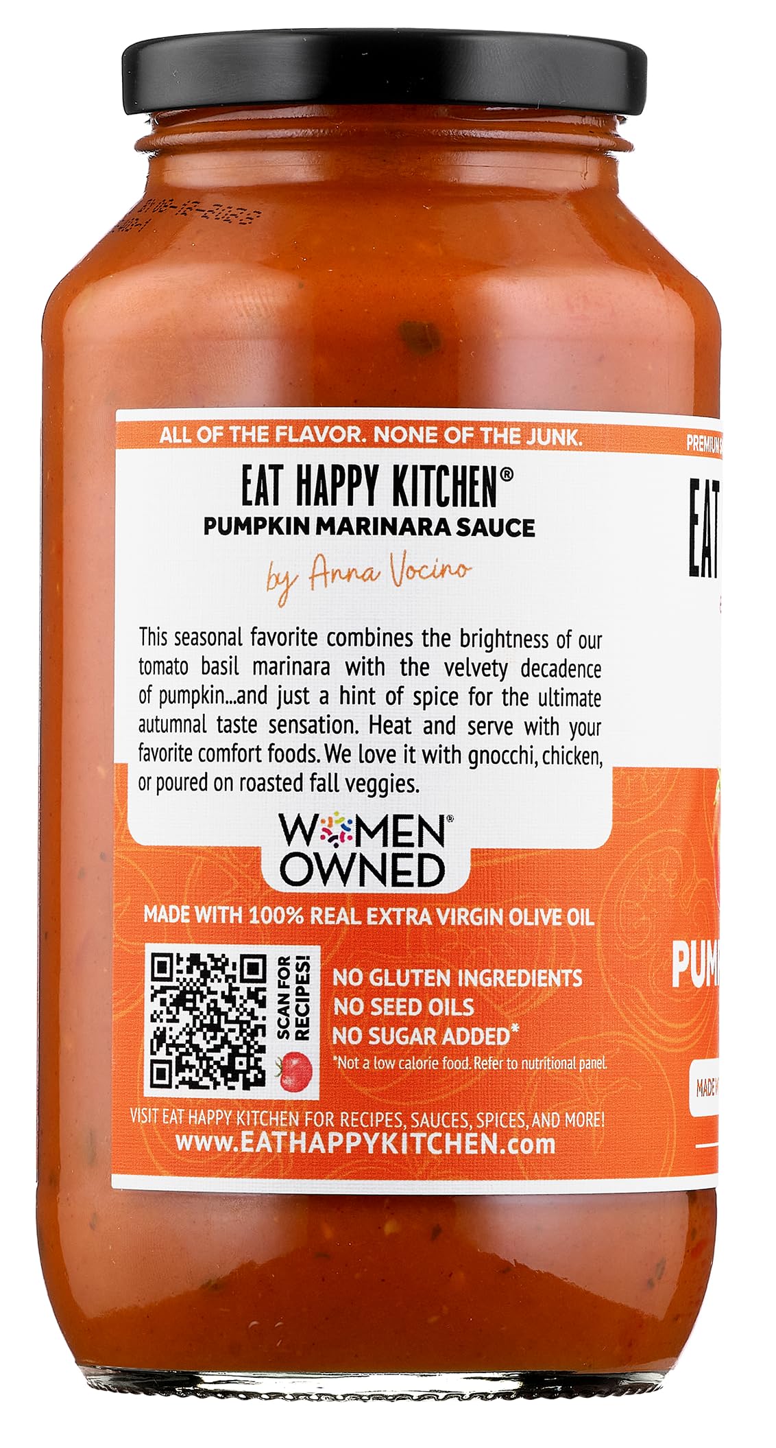 Eat Happy Kitchen Pumpkin Marinara Sauce - Made with Premium California Tomatoes & Pumpkin - No Sugar Added, No Seed Oils, No Fillers, Gluten Free, 25