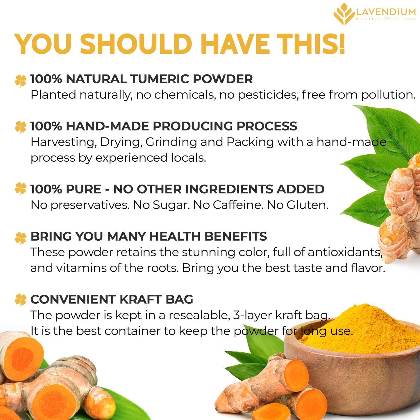 Lavendium, Premium 20oz Turmeric Powder, 100% Natural & Pure Ground Turmeric Root, No Additives or Preservatives, Non-GMO, Plant-Based & Vegan
