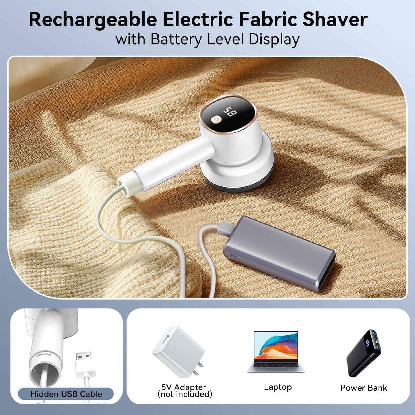 Smyeviva Rechargeable Fabric Shaver for Clothes: 6-Leaf Blades & 3 Speeds to Remove Pilling, Fuzz & Lint Balls - with LED Display, Portable Electric