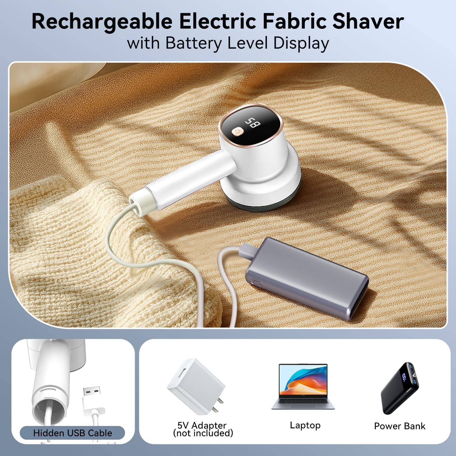 Smyeviva Rechargeable Fabric Shaver for Clothes: 6-Leaf Blades & 3 Speeds to Remove Pilling, Fuzz & Lint Balls - with LED Display, Portable Electric