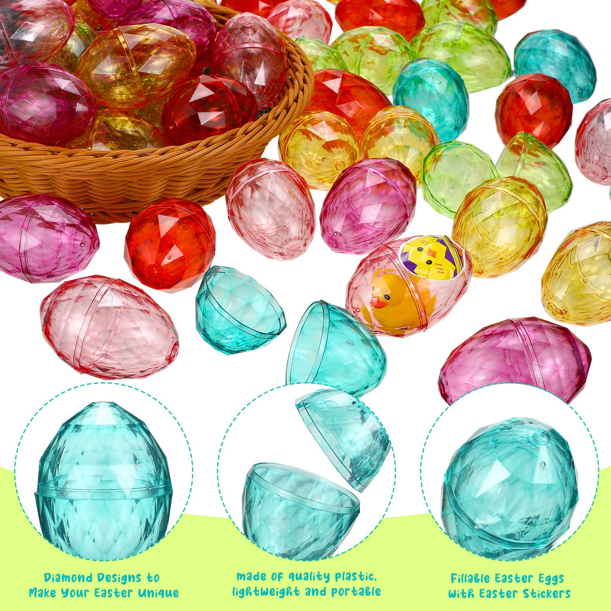 Fumete Large Diamond Easter Eggs with Stickers 3 Inch Fillable Plastic Pastel Eggs Translucent Colorful Eggs Bulk for Filling Treats Basket Stuffer
