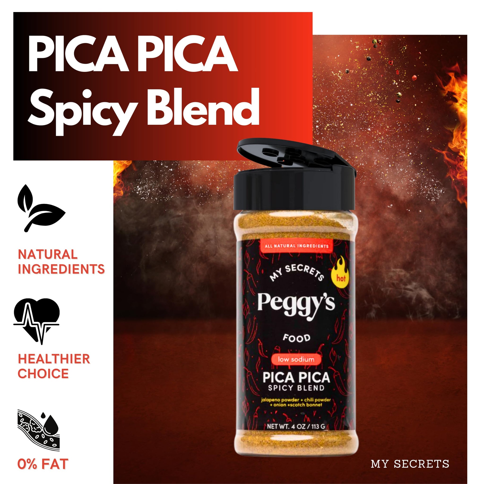 My Secrets Peggy's Food Pica Pica Spicy Blend - Premium Gourmet Seasoning with Jalapeño, Chili, and Scotch Bonnet Pepper - All-Purpose Heat