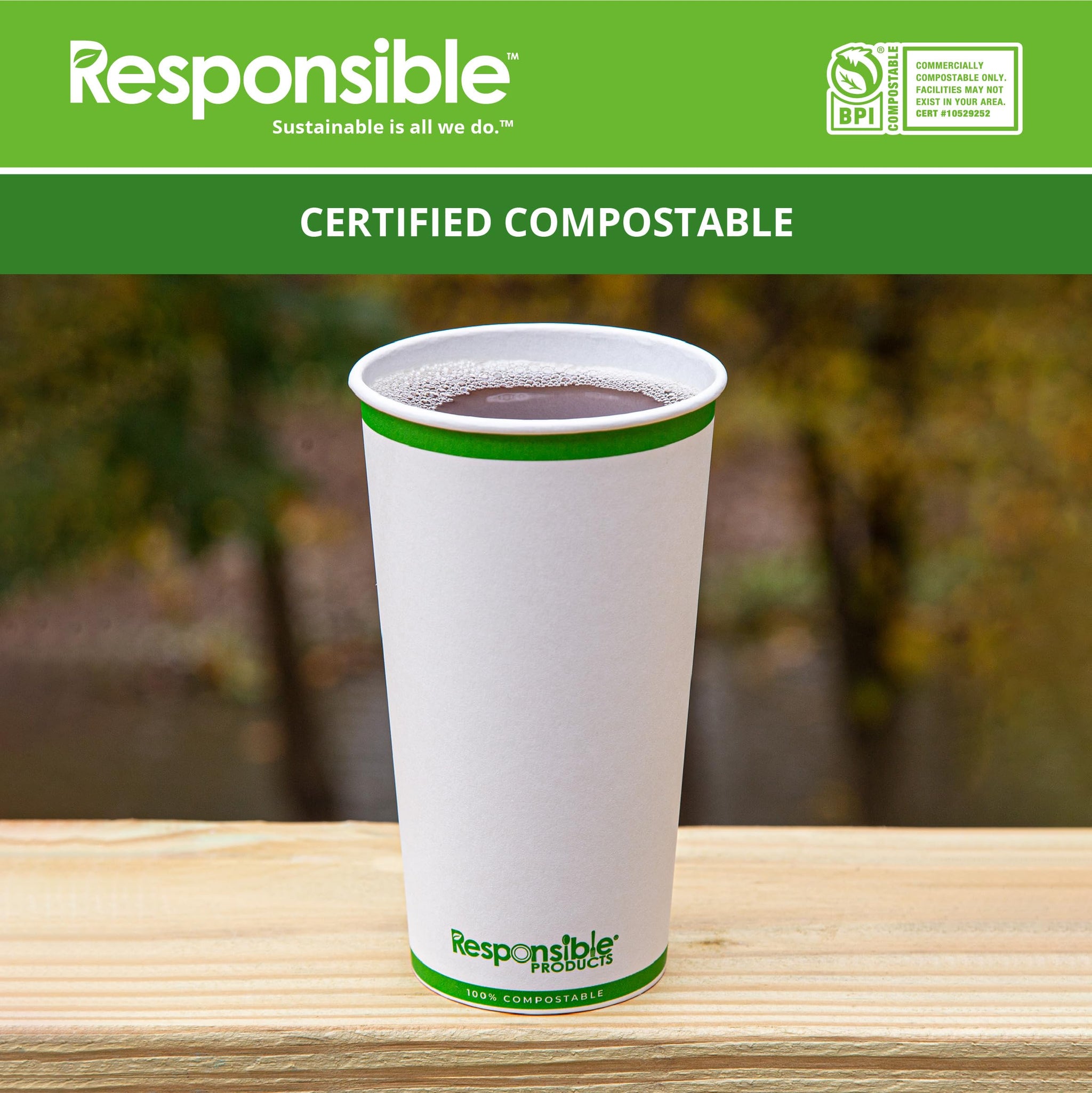 Responsible Products Certified Compostable 20 oz Paper Cups, Cold ? Hot Coffee Cups, Disposable Paper Cups, Extra Strength Disposable Cups, Made