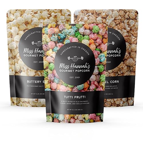Miss Hannah's Gourmet Popcorn Fun Favorites - Tutti Frutti, Buttery Salt, & Caramel Corn - Non-GMO, Sweet & Savory Snack Box for Gifting or Sharing