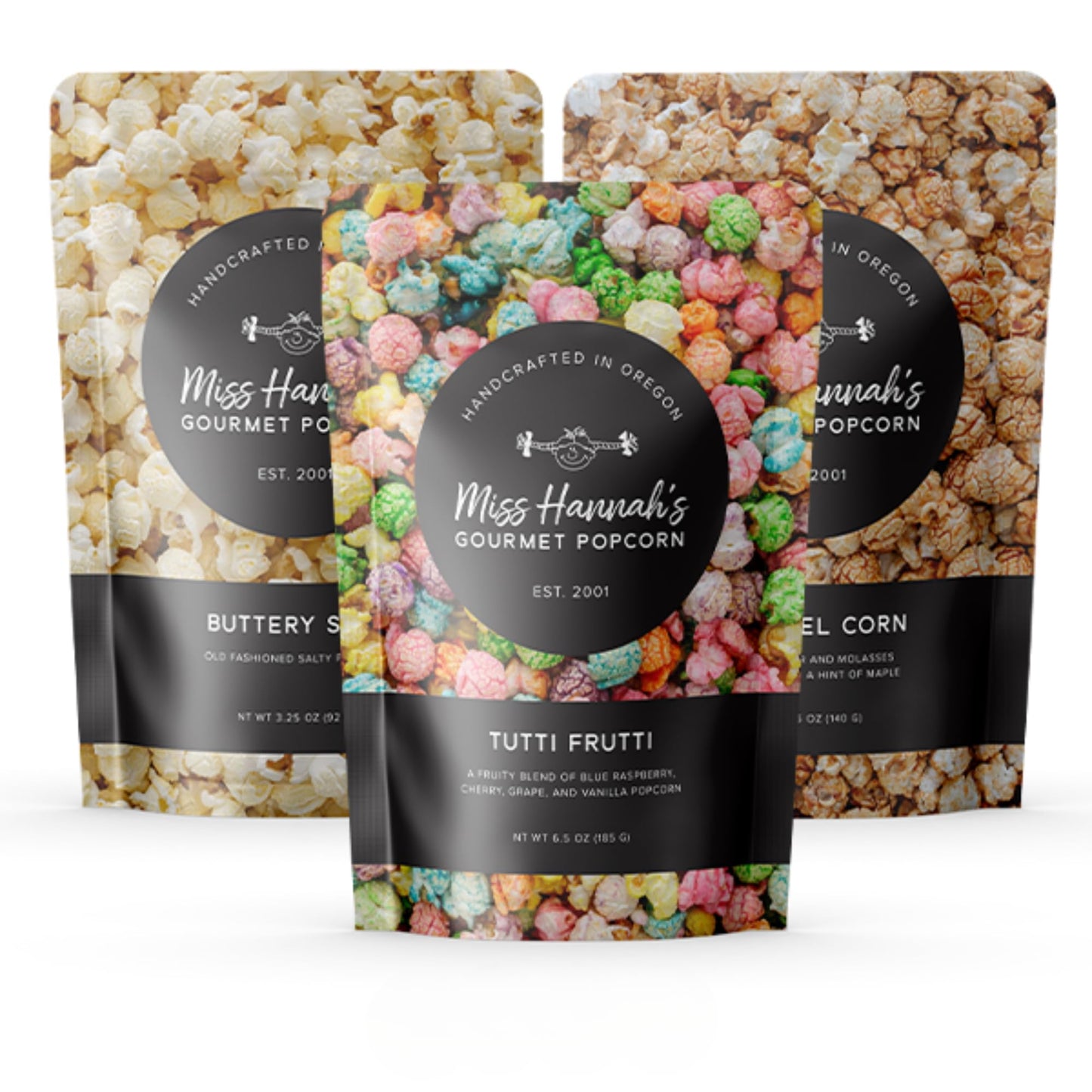 Miss Hannah's Gourmet Popcorn Fun Favorites - Tutti Frutti, Buttery Salt, & Caramel Corn - Non-GMO, Sweet & Savory Snack Box for Gifting or Sharing