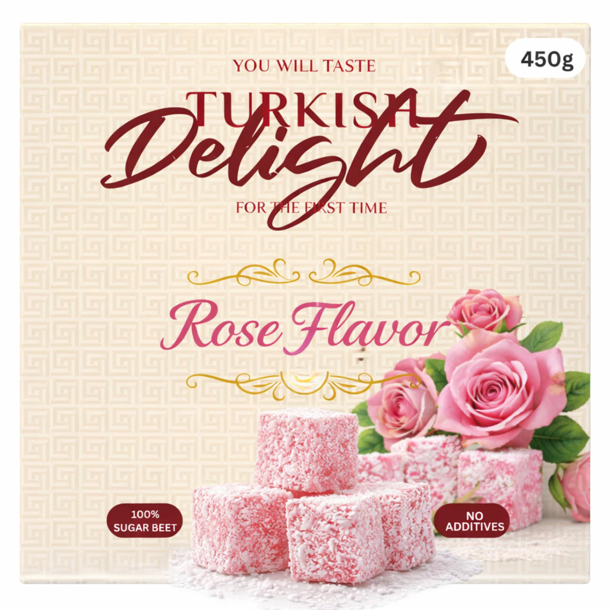 Turkish Delight Rose Flavor (Lokum) - Soft & Fresh Gourmet Candy - Coconut Coated - No Additives - Made with Sugar Beet - Premium Gift Box - 450g
