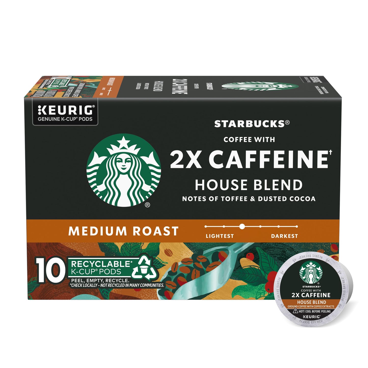 Starbucks K-Cup Coffee Pods, Medium Roast Coffee With 2X Caffeine House Blend For Keurig Coffee Makers, 100% Arabica, 1 Box (10 Pods)