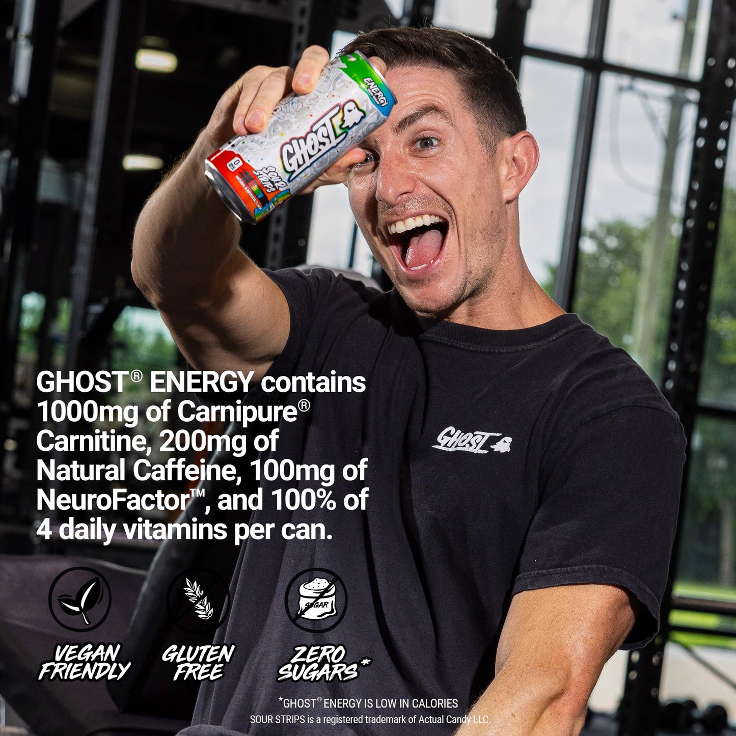 GHOST Energy Drink - 12-Pack, Sour Strips Rainbow, 16oz Cans - Energy & Focus & No Artificial Colors - 200mg of Natural Caffeine, L-Carnitine