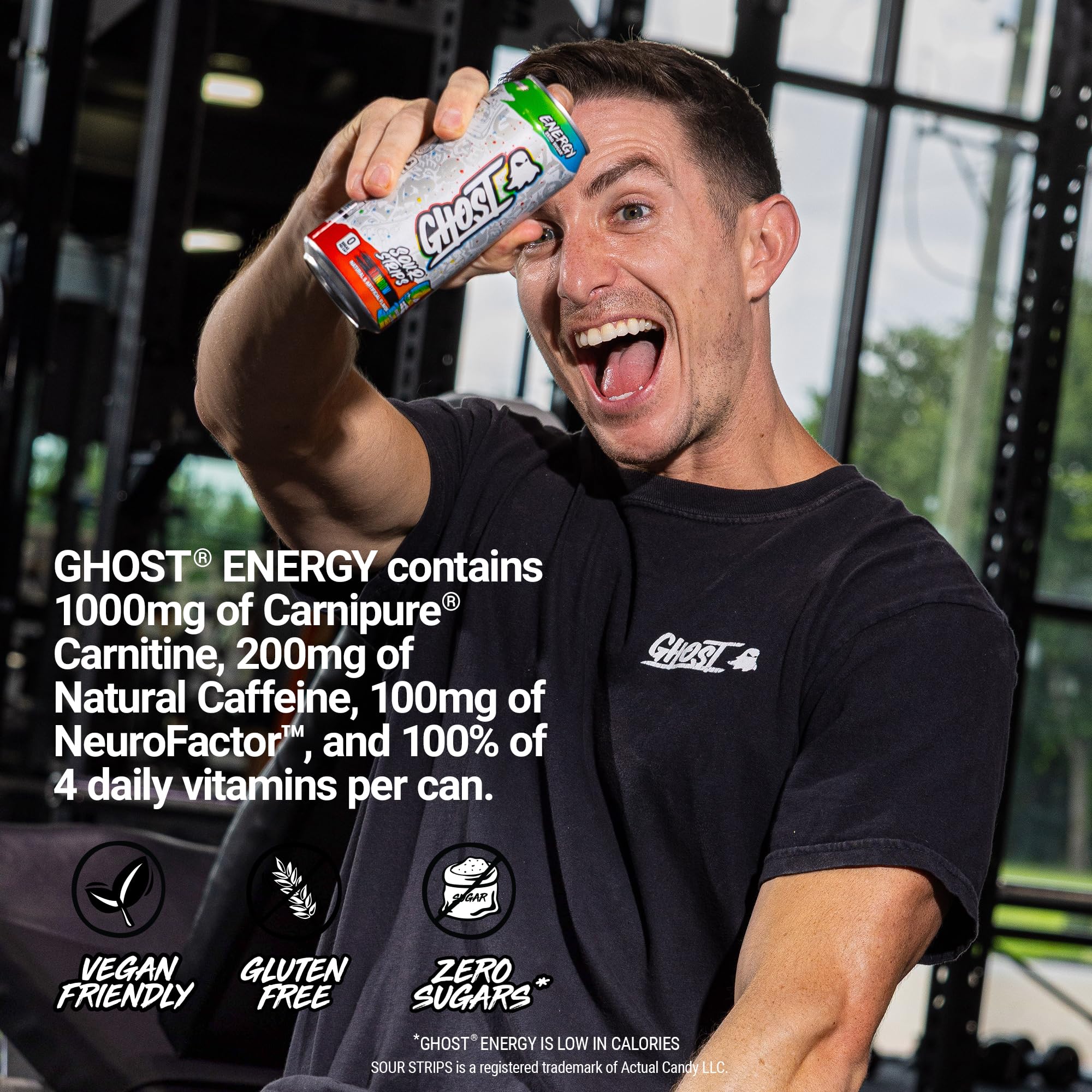 GHOST Energy Drink - 12-Pack, Sour Strips Rainbow, 16oz Cans - Energy & Focus & No Artificial Colors - 200mg of Natural Caffeine, L-Carnitine