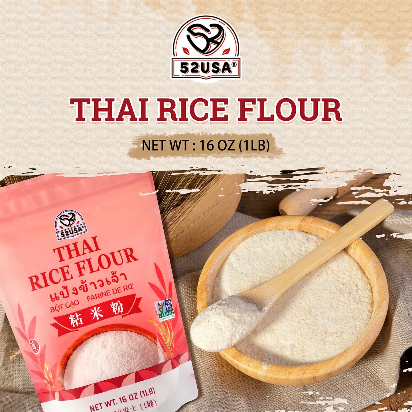 52USA Thai Rice Flour 1 Pound, 16 Ounce (Pack of 1), Rice Flour for Baking or Cooking, Product of THAILAND, All Natural White Rice Flour 1 Pound