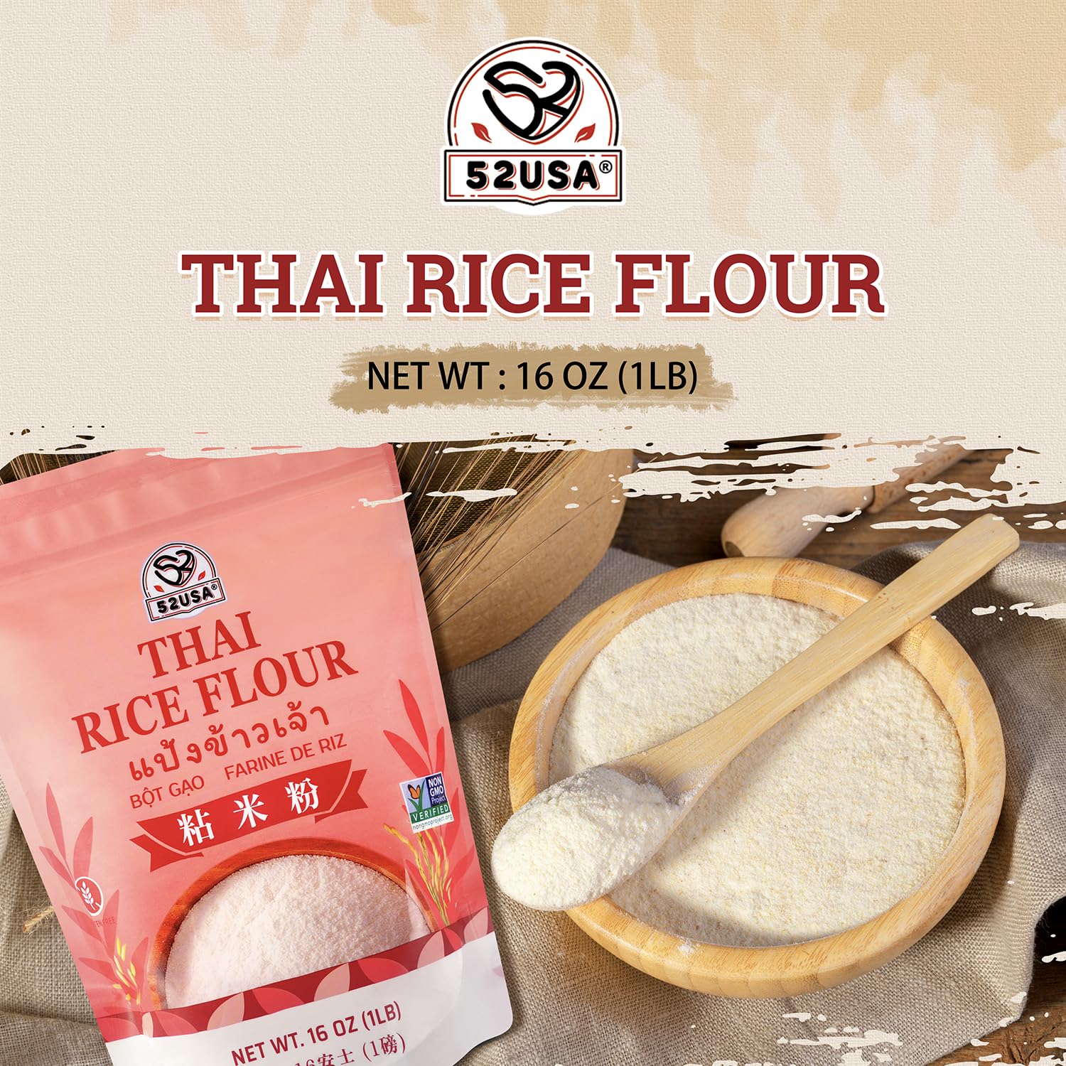 52USA Thai Rice Flour 1 Pound, 16 Ounce (Pack of 1), Rice Flour for Baking or Cooking, Product of THAILAND, All Natural White Rice Flour 1 Pound