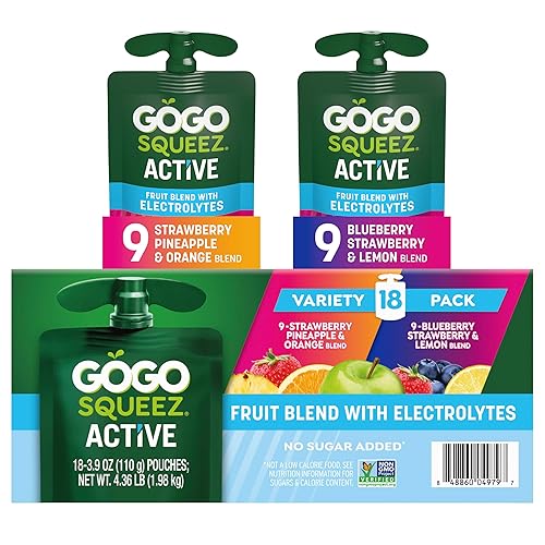 GoGo squeeZ No Sugar Added Active Fruit Blend with Electrolytes| 18-Count Variety Pack | Blueberry Strawberry Lemon & Strawberry Pineapple Orange |