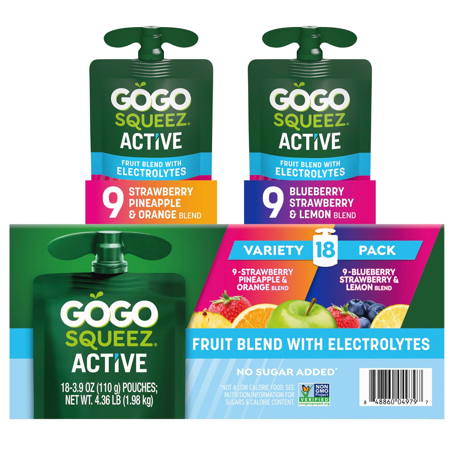 GoGo squeeZ No Sugar Added Active Fruit Blend with Electrolytes| 18-Count Variety Pack | Blueberry Strawberry Lemon & Strawberry Pineapple Orange |