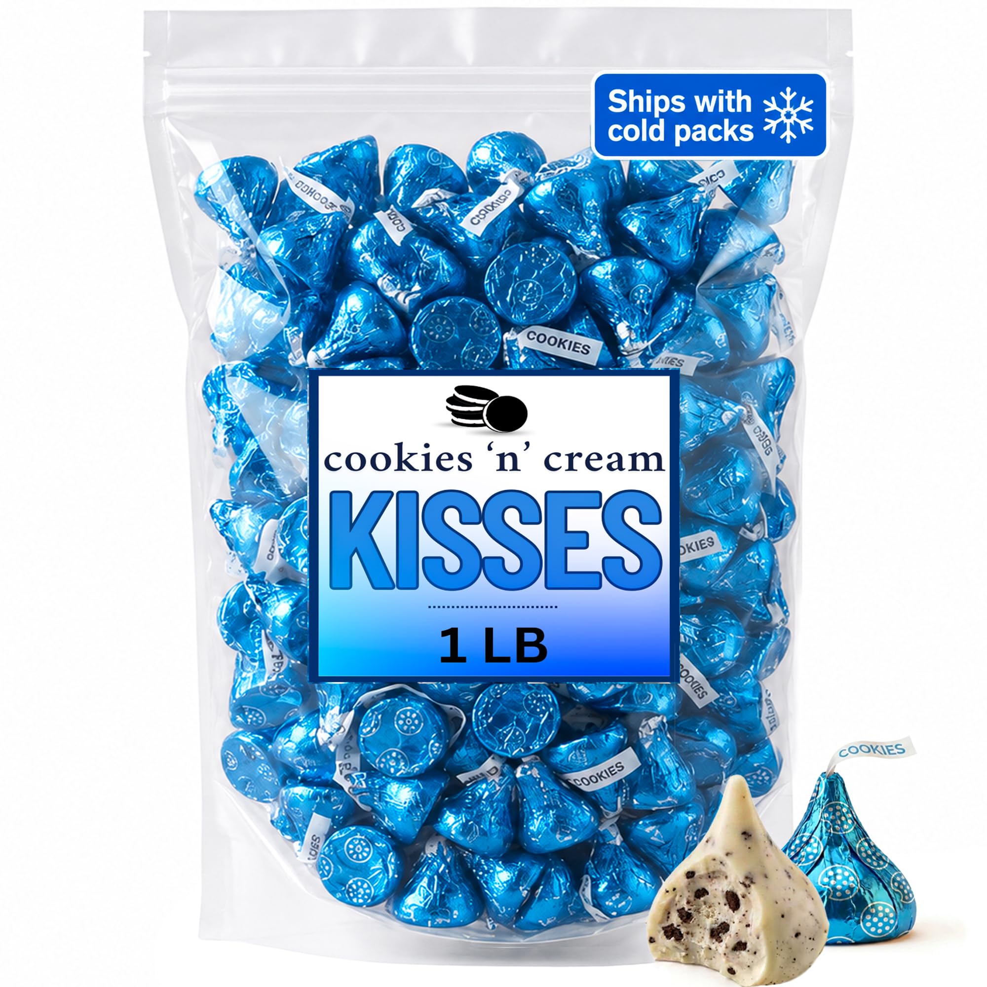Hershey.sKisses Cookies and Cream Chocolate in Blue Foil - 1LB Resealable Pouch (Aprox 100pcs) - Individually Wrapped White Creme Candy for Baby