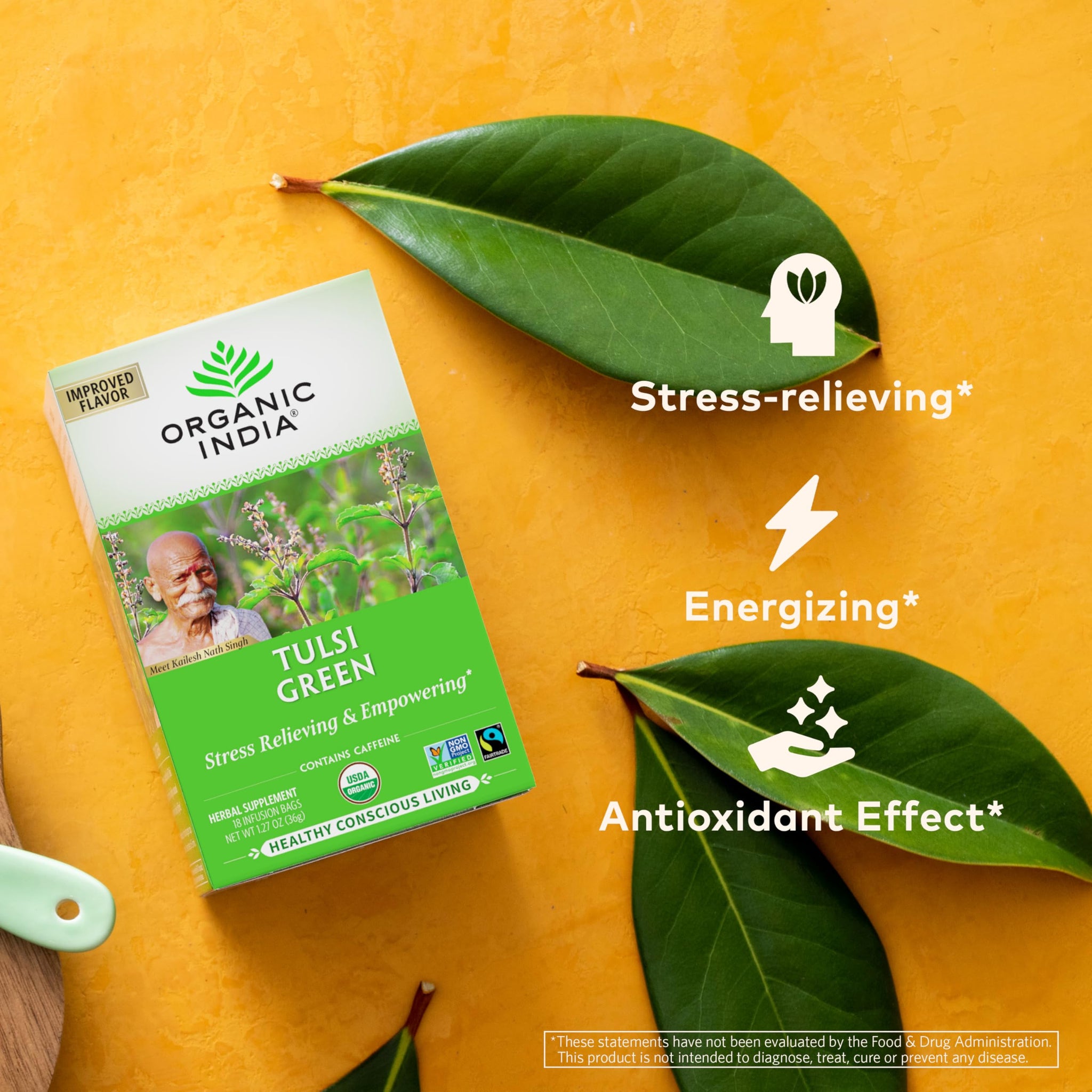Organic India Tulsi Green Herbal Tea - Stress Relieving & Balancing, Immune Support, Adaptogen, Vegan, USDA Certified Organic, Caffeine-Free - 18