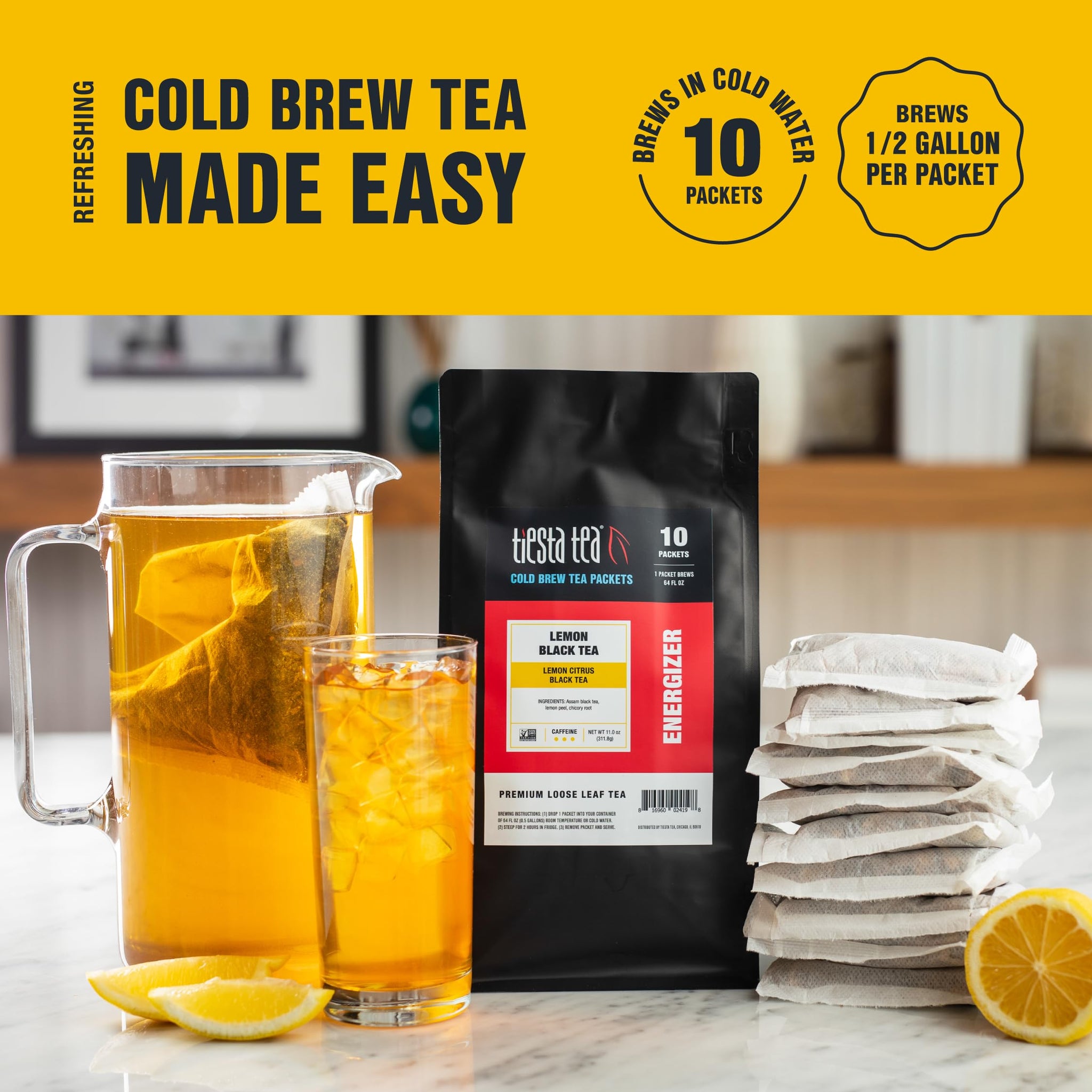Tiesta Tea - Lemon Black Cold Brew, Loose Leaf, Lemon Citrus Black Tea, Premium High Caffeinated Blend, Cold Brew Packets, Makes 64 oz of Pitcher Per
