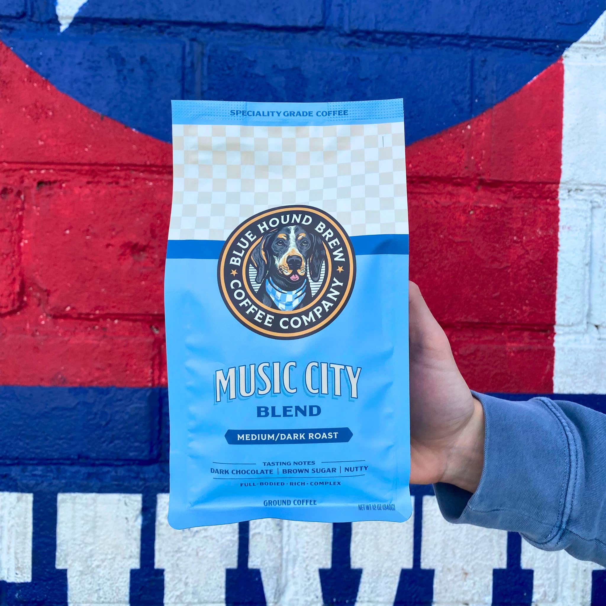 Blue Hound Brew Music City Blend, Medium-Dark Roast 100% Arabica Speciality Coffee, Chocolate & Nutty Notes, Ground Speciality Coffee, 12 oz