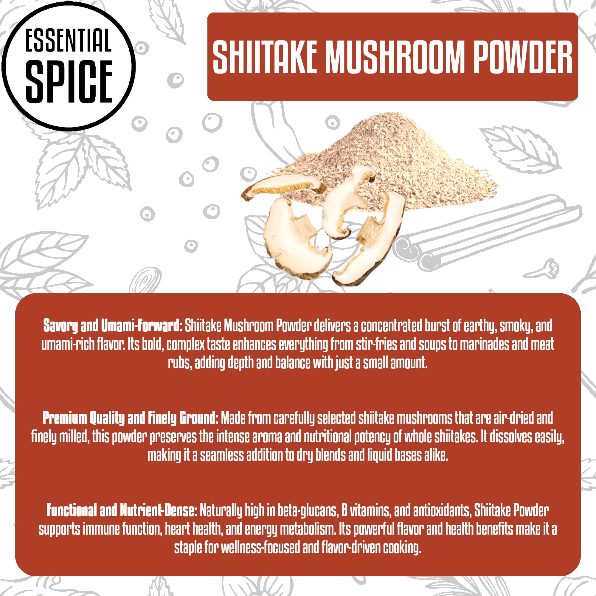 Essential Spice Shiitake Mushroom Powder - Deep Umami Flavor, Finely Ground - Ideal for Soups, Broths, Sauces, Seasoning Blends & Vegan Cooking - 100%