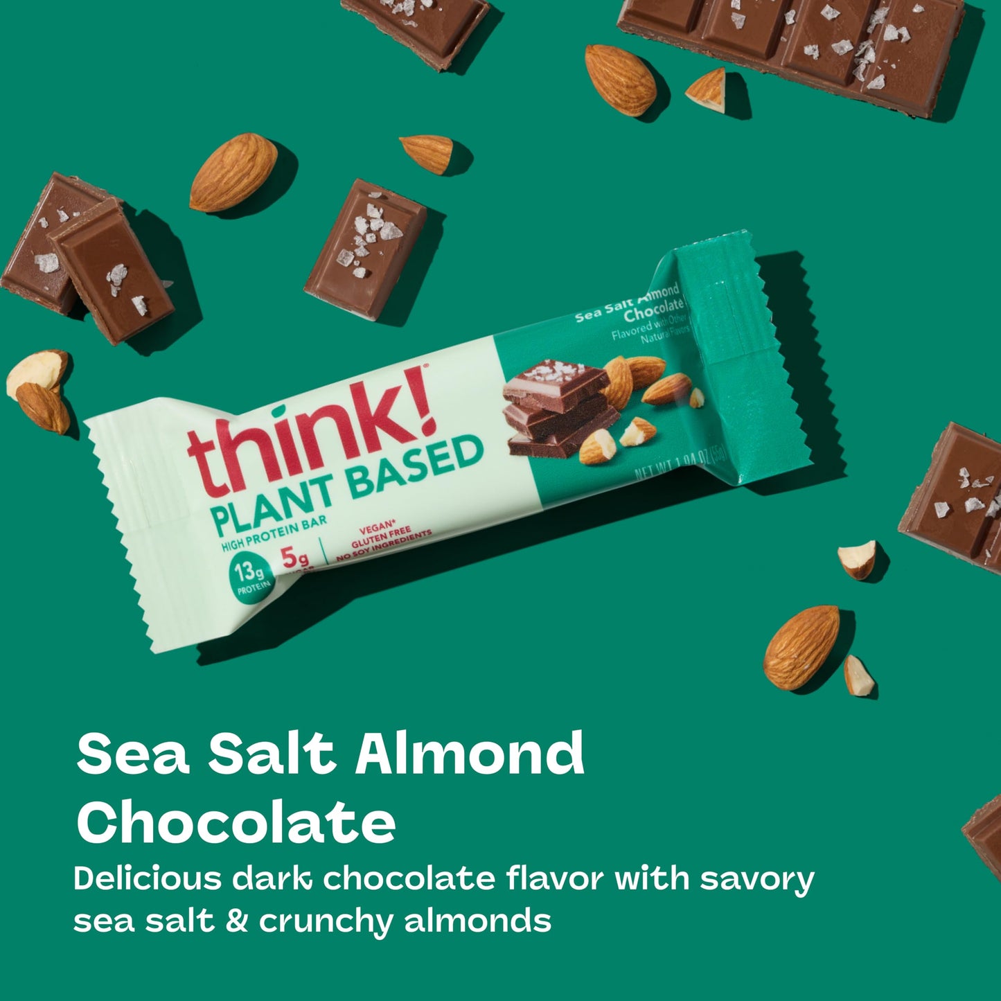 think! Vegan/Plant Based High Protein Bars - Sea Salt Almond Chocolate, 13g Protein, 5g Sugar, No Artificial Sweeteners, Non GMO Project Verified, 10