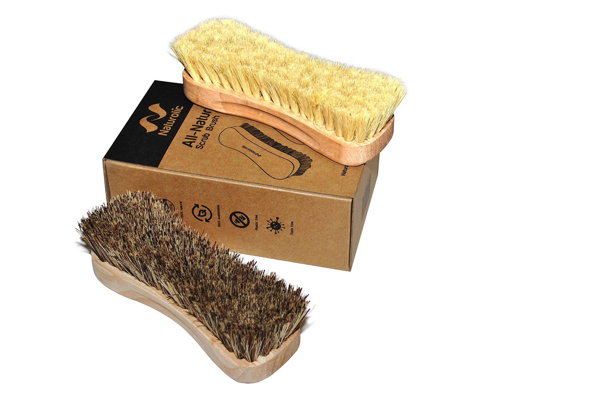 Naturolic All-Natural Wooden Scrub Brush Set | Wooden Handle | Tampico and Palmyra bristles | Eco Friendly Cleaning Products | Pack of 2