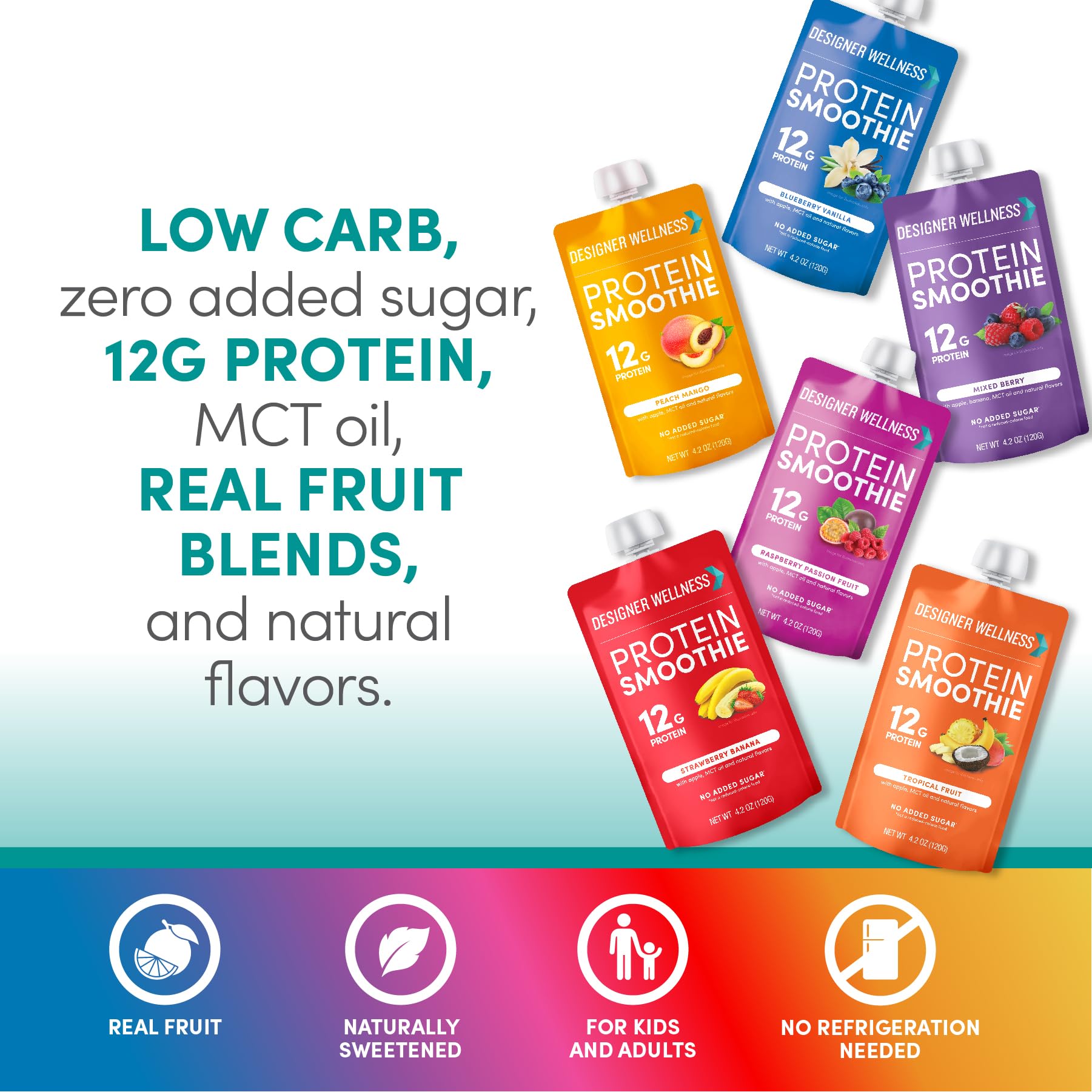 Designer Wellness Protein Smoothie, Mixed Variety Pack, 12g Whey Protein, Real Fruit Smoothie Snack, No Added Sugar, Low Carb, Gluten-Free