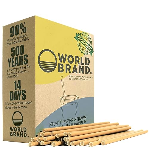 World Brand 250 Count Kraft Paper Straws - Eco-Friendly Party Supplies - Biodegradable Drinking Straws - Plastic & Dye Free - Unwrapped - Perfect