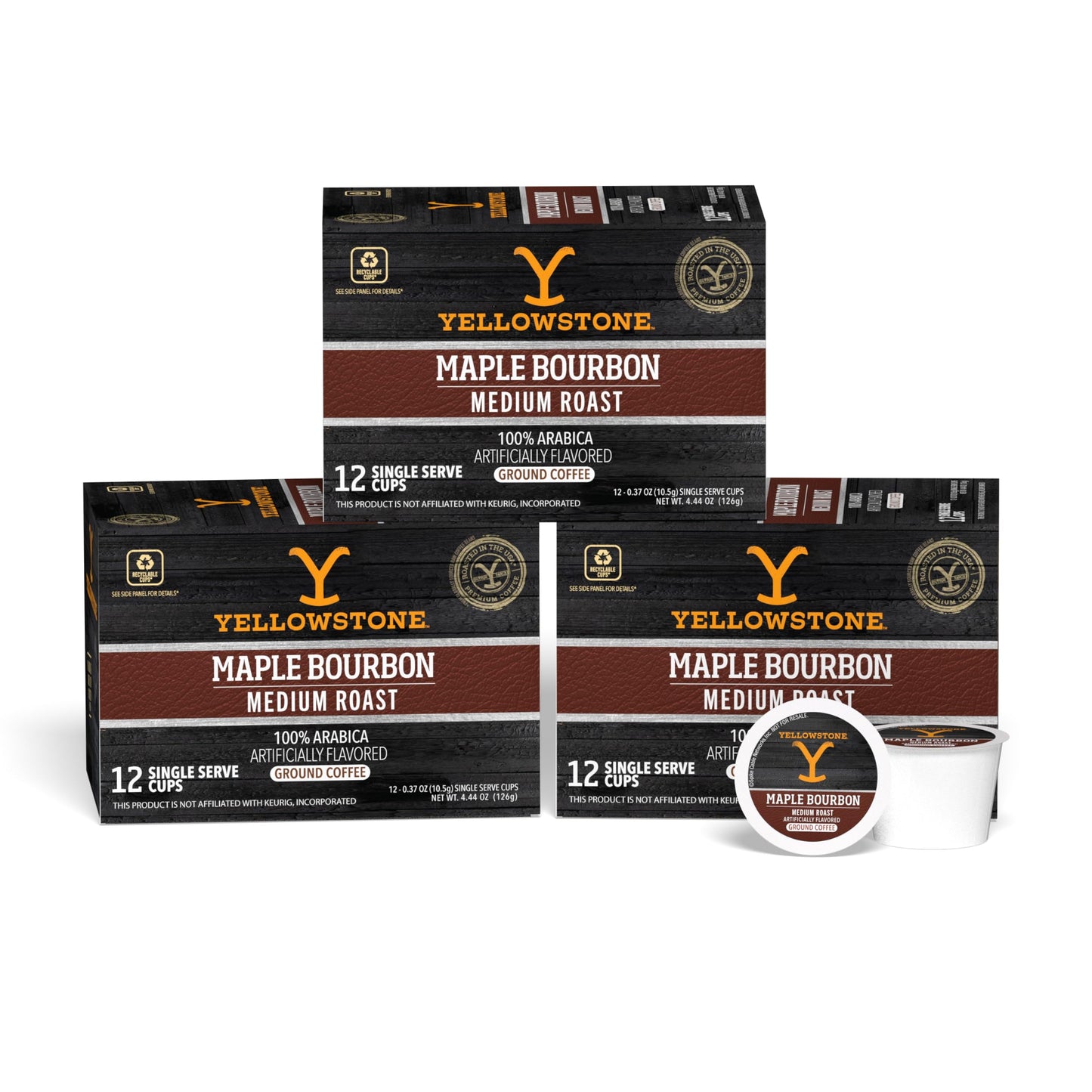 Yellowstone Maple Bourbon Medium Roast Coffee, Single Serve Recyclable Pods/Cups, 100% Arabica Beans, 36 Count