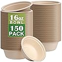 150 Pack Compostable Paper Bowls,16oz Heavy-Duty Disposable Paper Bowls,Natural Wheatstraw Fiber Compostable Bowls,Eco-friendly Disposable Soup Bowls