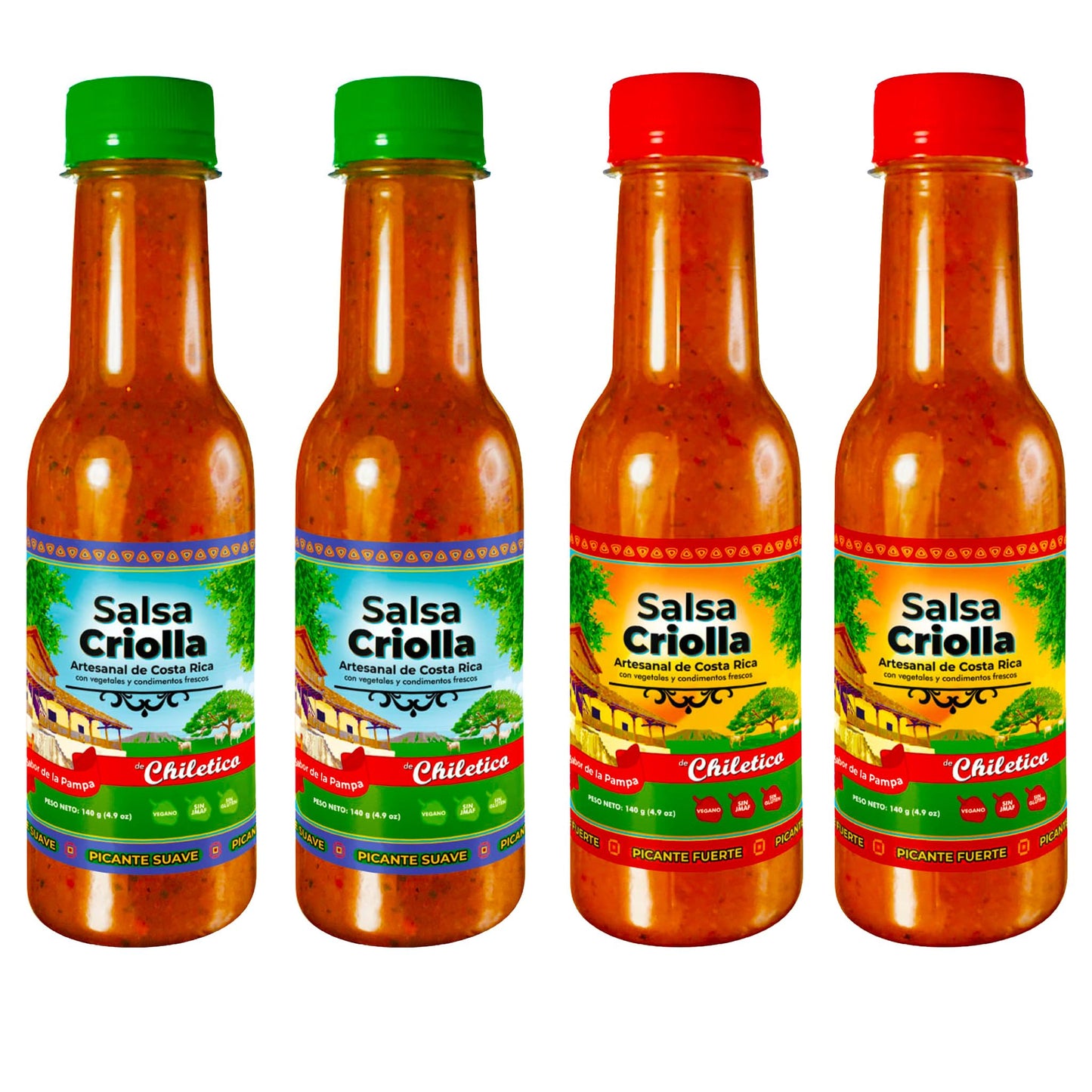 Chiletico Criolla Sauce 4-Pack - Authentic Costa Rican Flavor Inspired by the Guanacaste Pampa - 2 Mild + 2 Hot - 4.9 oz Bottles - Total Net Weight