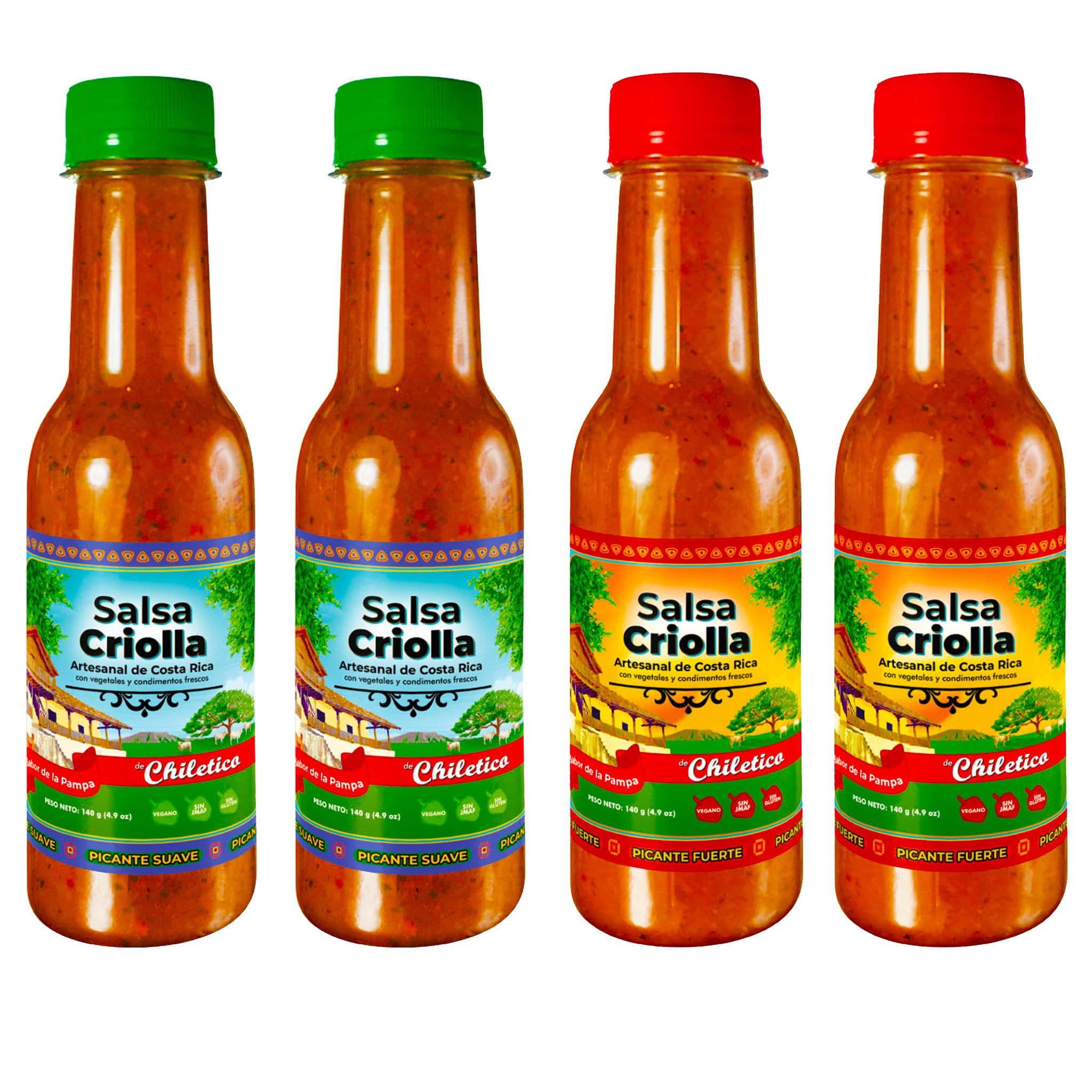 Chiletico Criolla Sauce 4-Pack - Authentic Costa Rican Flavor Inspired by the Guanacaste Pampa - 2 Mild + 2 Hot - 4.9 oz Bottles - Total Net Weight