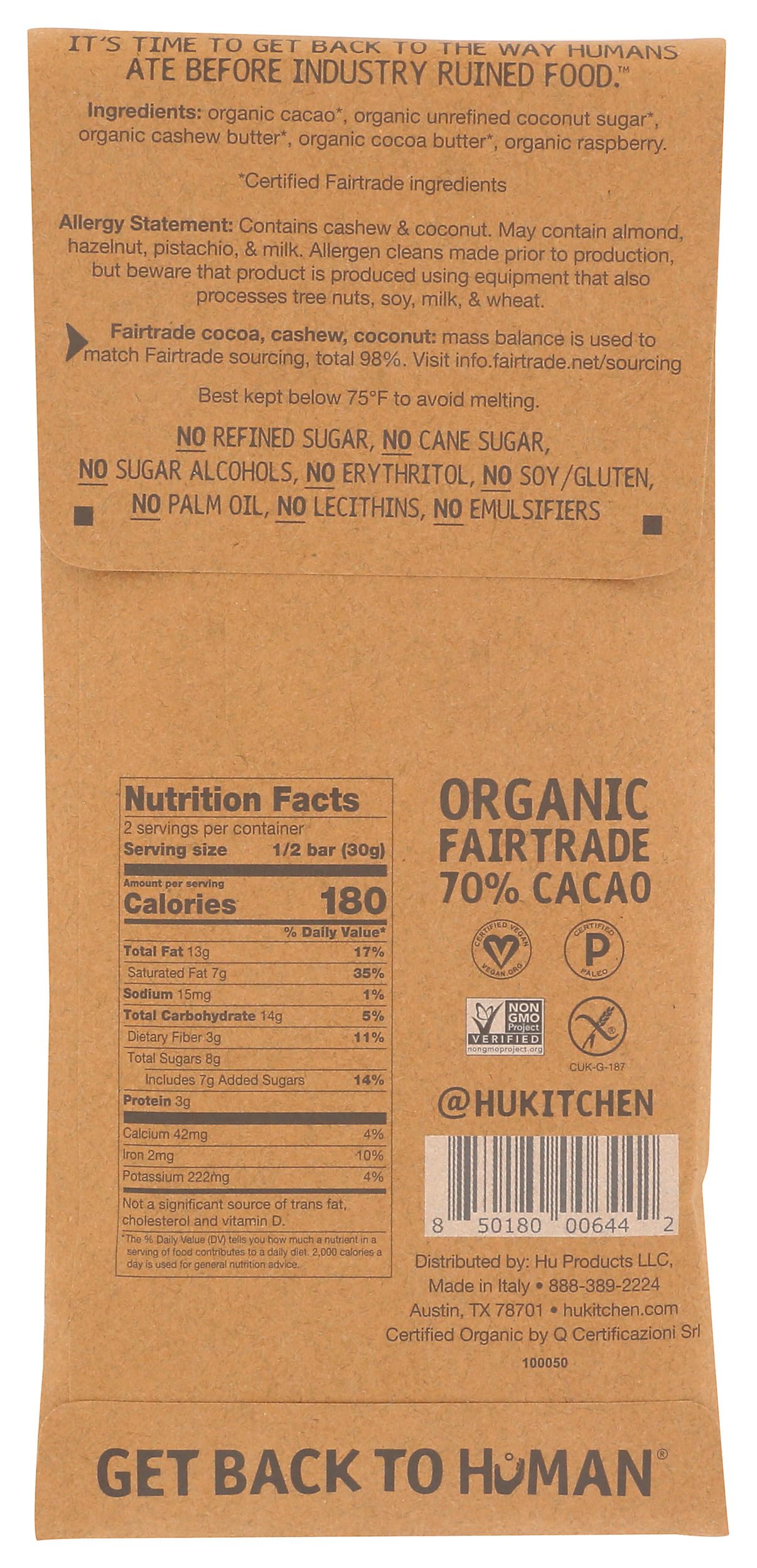 Hu Kitchen Organic Raspberry Cashew Butter Chocolate Bar, 2.1 OZ