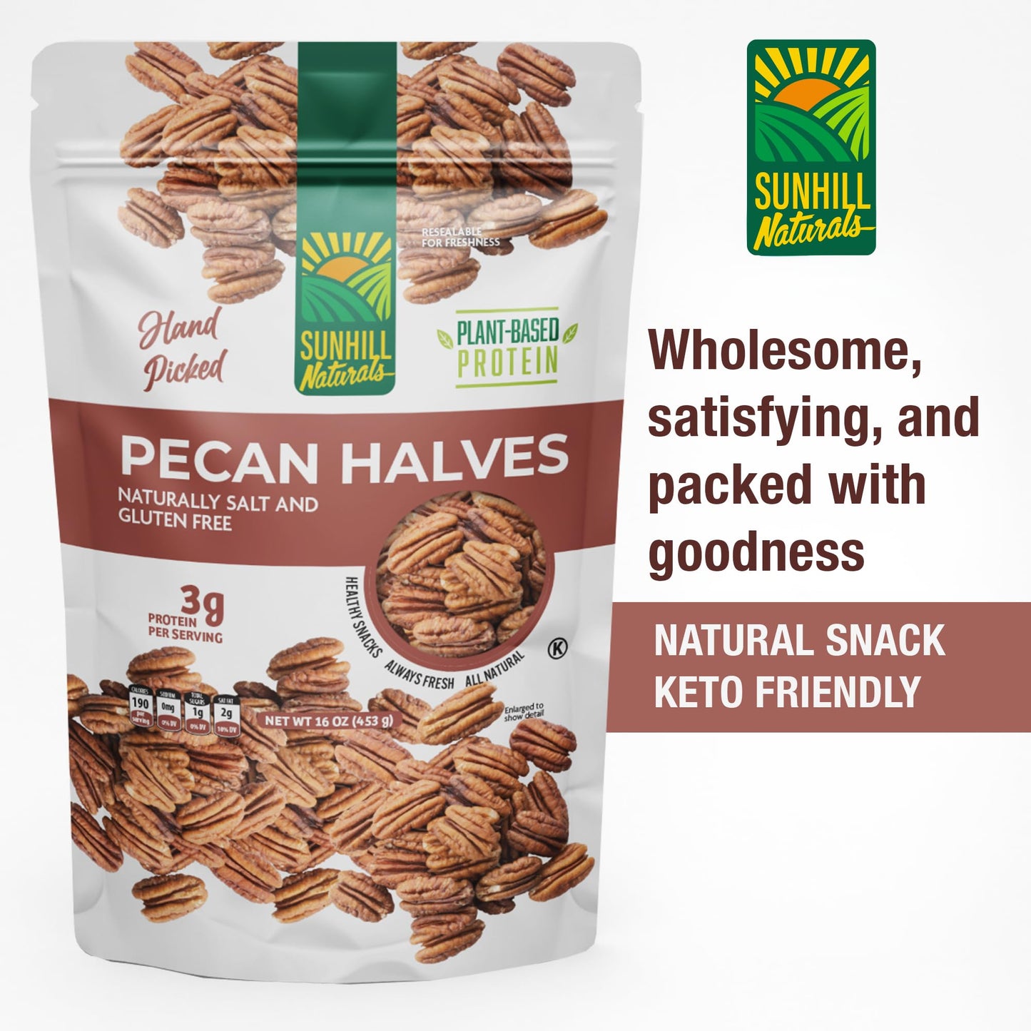 Sunhill Naturals Raw Pecan Halves | Premium Unsalted Pecan Nuts | Healthy Snacking | Fresh Fancy Junior Mammoth Halves