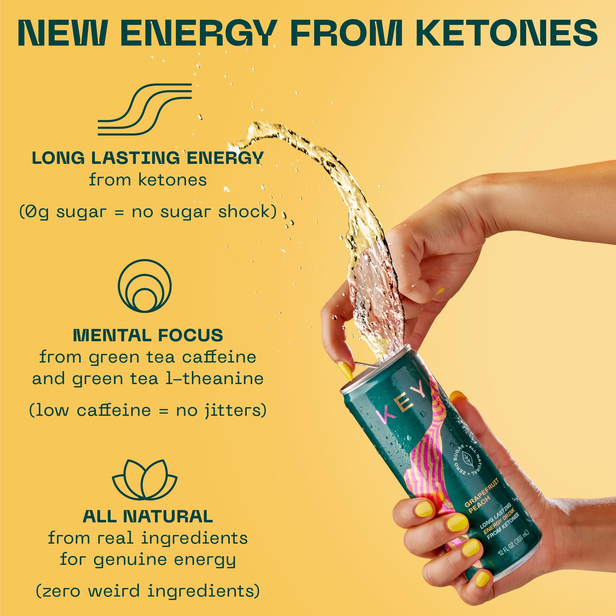 KEY Ketone Energy Drink - Sugar Free and All Natural from Ketones for Long Lasting Energy and optimal Green Tea Caffeine and L-Theanine for Mental