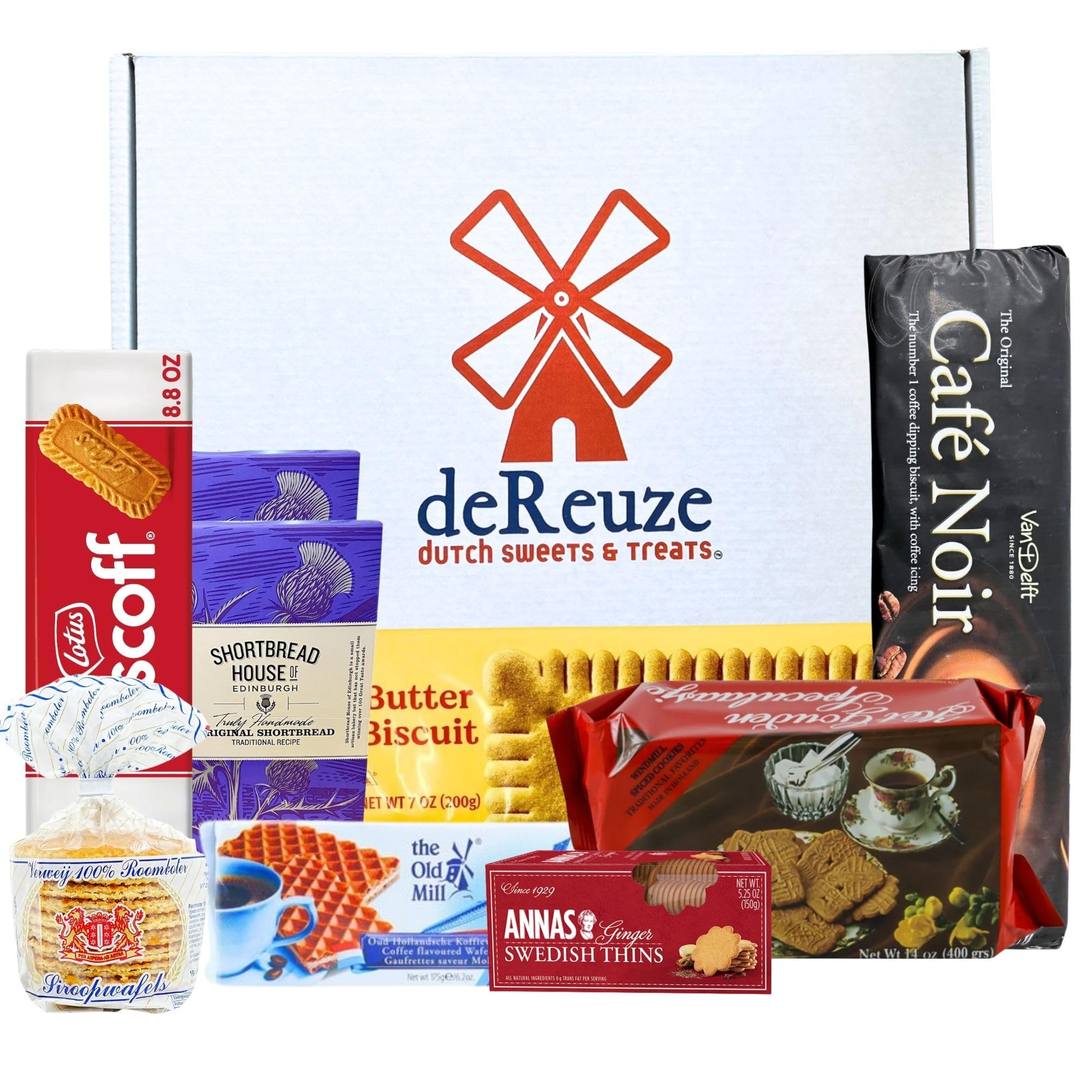 deReuze Dutch Snack Box from Netherlands Gourmet Cookies Pack - 8 Assorted Treats in a Flip-Top Box Stroopwafel Ginger Snaps Shortbread Chocolate