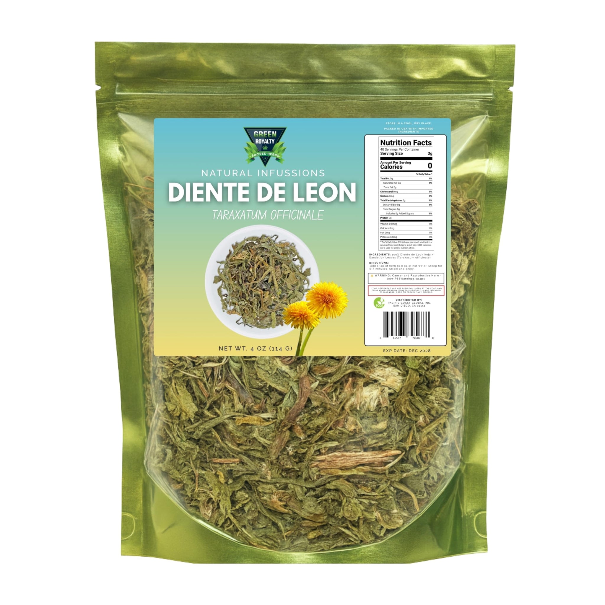 Dandelion Leaf (Diente de León) - Taraxacum Officinale, Loose Cut Herbal Tea, Non-GMO, Plant-Based Botanical, Resealable Bag, 4 oz