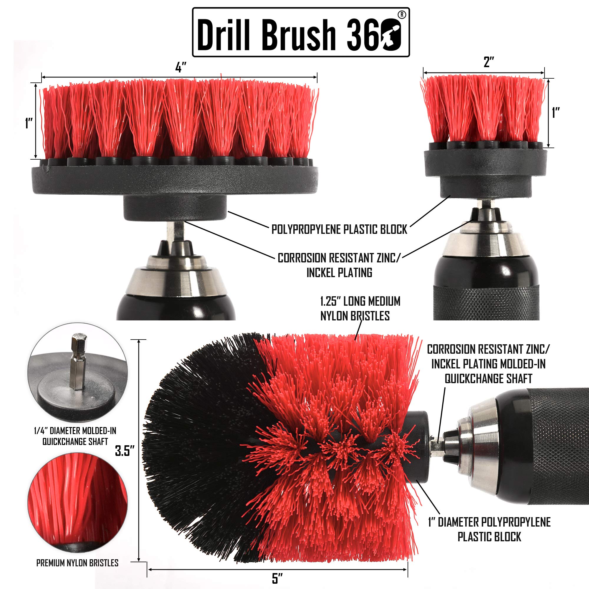 DRILL BRUSH 360 Original Attachments 3 Pack kit - Cleaner Scrubbing Brushes for Bathroom Surface, Grout, Tub,Tile, Shower, Kitchen, Auto
