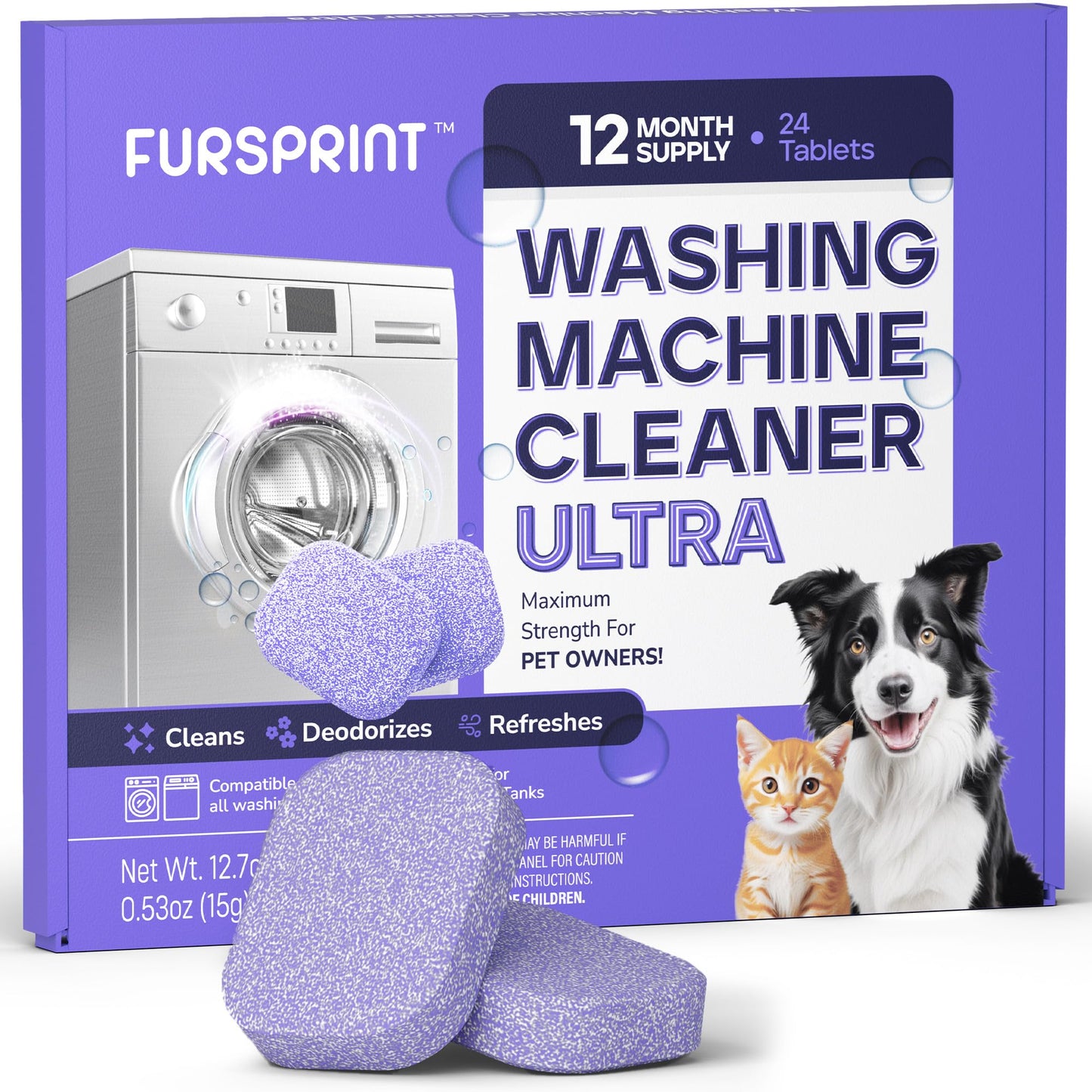 Fursprint Washing Machine Cleaner Tablets Ultra - 40% Stronger Formula: Designed for Pet Owners, Removes Residue, Grime & Odors, Compatible with HE