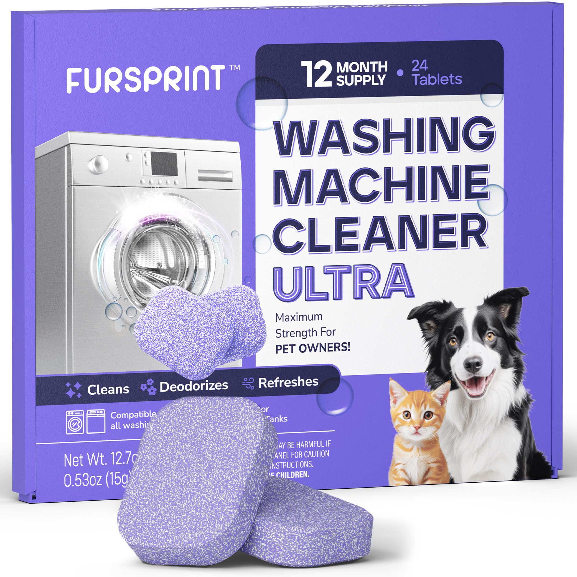 Fursprint Washing Machine Cleaner Tablets Ultra - 40% Stronger Formula: Designed for Pet Owners, Removes Residue, Grime & Odors, Compatible with HE