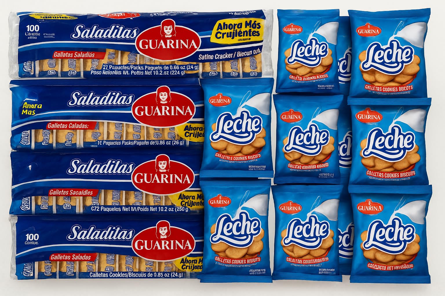 Guarina Crackers Variety Pack - Galletas Dulces con Leche 10 pack (1.40 oz) + Galletas Saladas 5 pack (288g) - Sweet & Salty Mix Bundle - Natural Milk