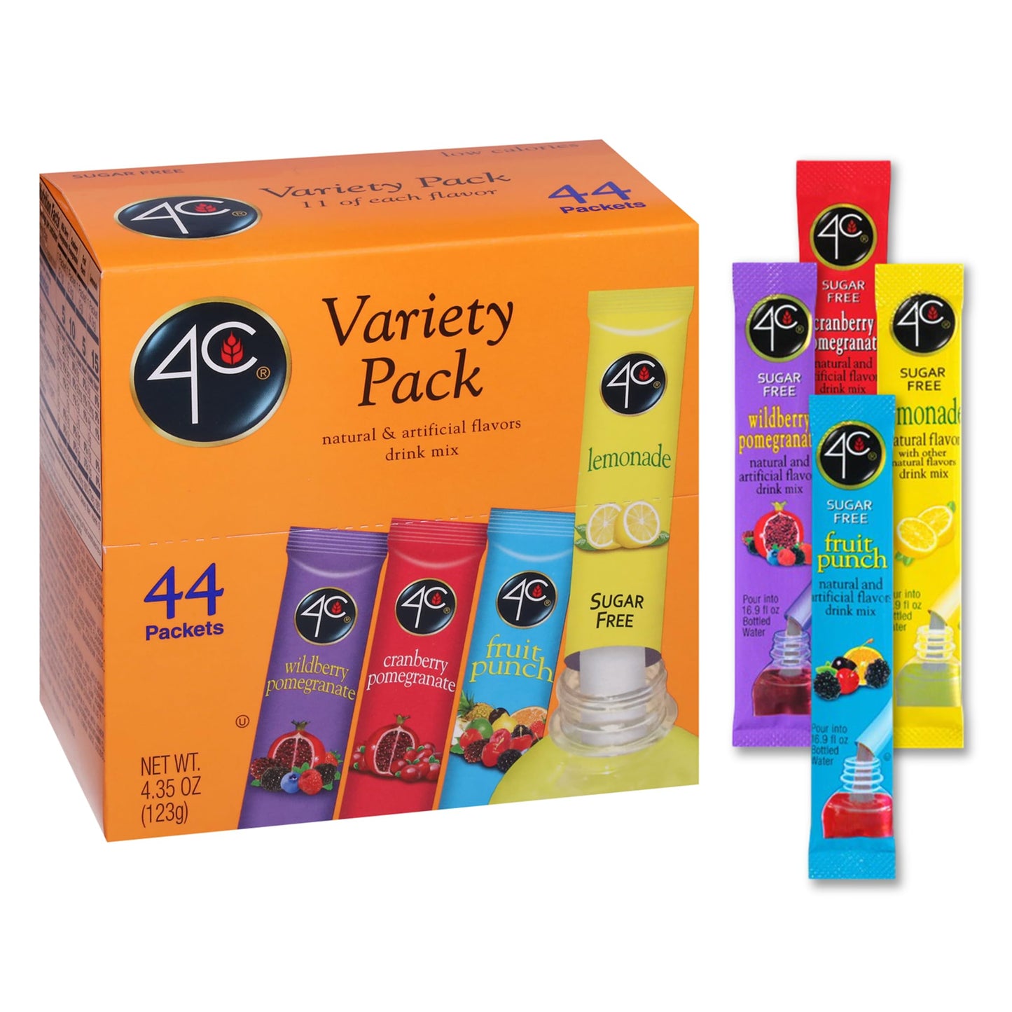 4C Powder Drink Mix Packets, PSD Variety 1 Pack, 44 Count, Singles Stix On the Go, Refreshing Sugar Free Water Flavorings (11 Each Wild Berry