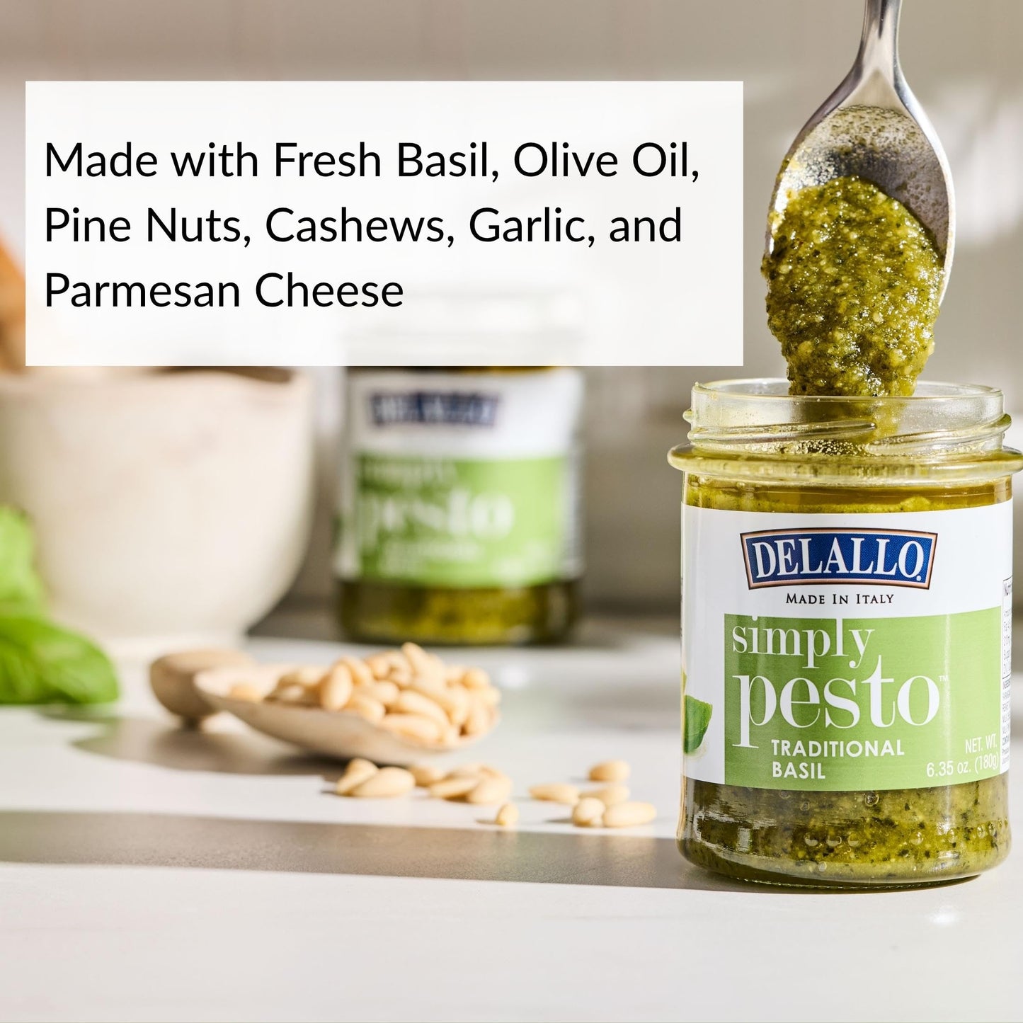 DeLallo Traditional Basil Pesto, Made in Italy, Gourmet Spread, Ready to Use Pasta Sauce, Made with Fresh Ligurian Basil, Olive Oil, Pine Nuts,