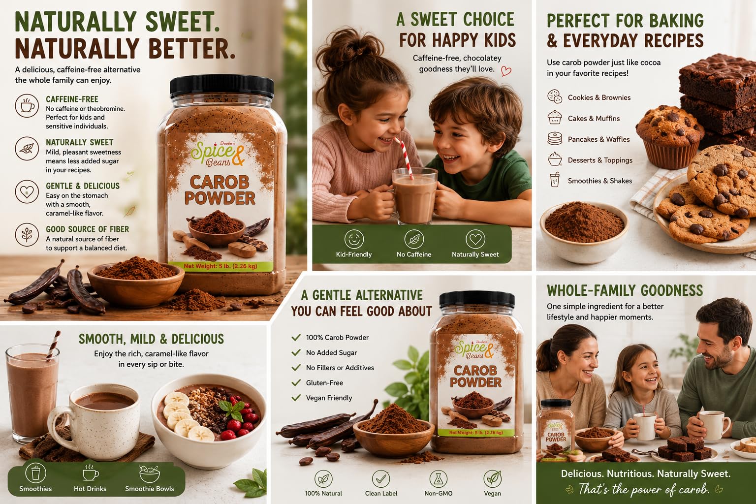 Carob Powder | Naturally Sweet Cocoa Alternative | Caffeine-Free | Unsweetened Baking & Smoothie Powder | Bulk 5 lb Container | Chocolate Substitute for Baking, Drinks & Desserts | Dasher’s Spice & Beans
