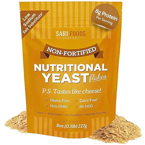 Sari Foods Non-Fortified Nutritional Yeast Flakes - 8oz - Superfood, Protein. Gluten Free & Dairy Free Vegan Cheese Parmesan Substitute, Vitamins B