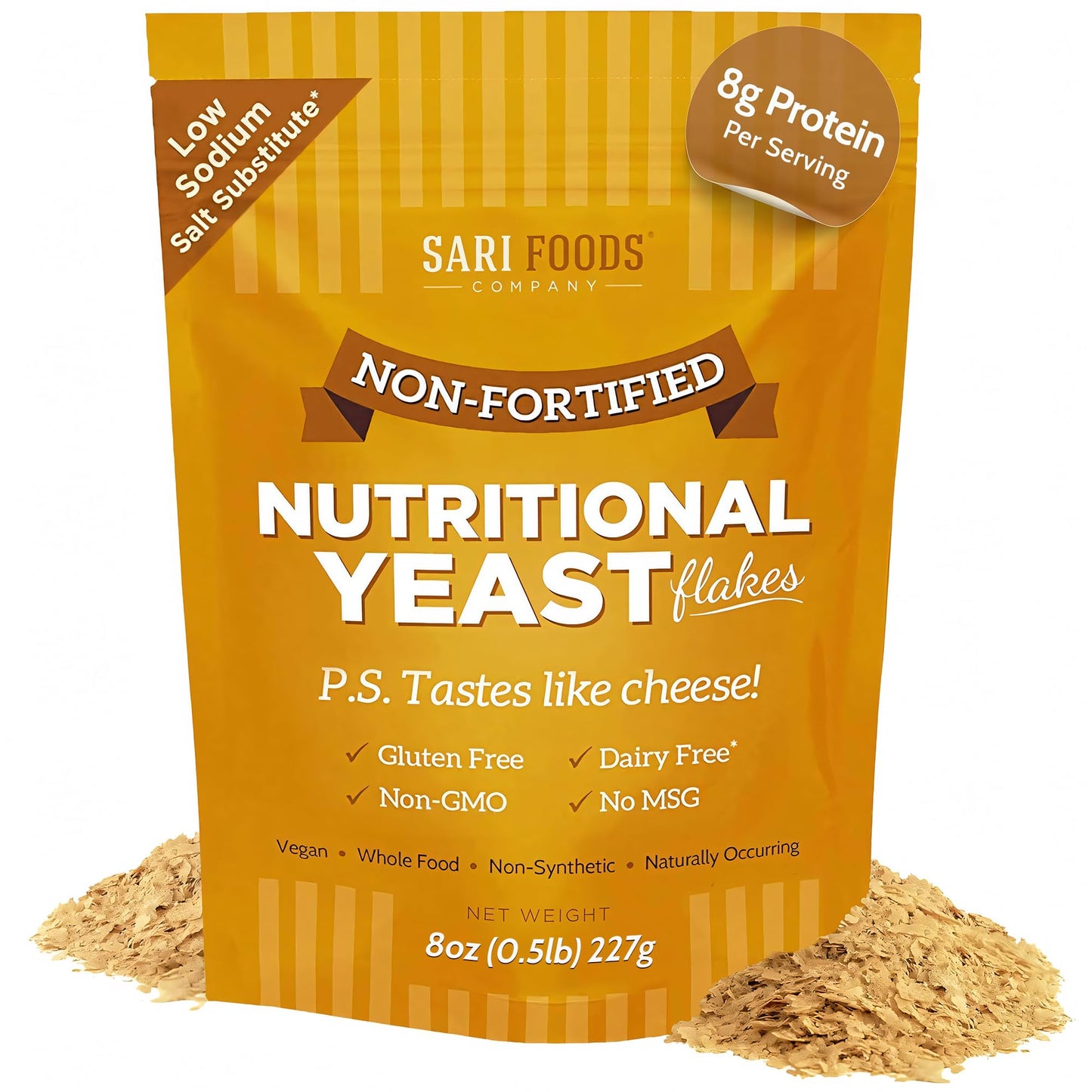 Sari Foods Non-Fortified Nutritional Yeast Flakes - 8oz - Superfood, Protein. Gluten Free & Dairy Free Vegan Cheese Parmesan Substitute, Vitamins B