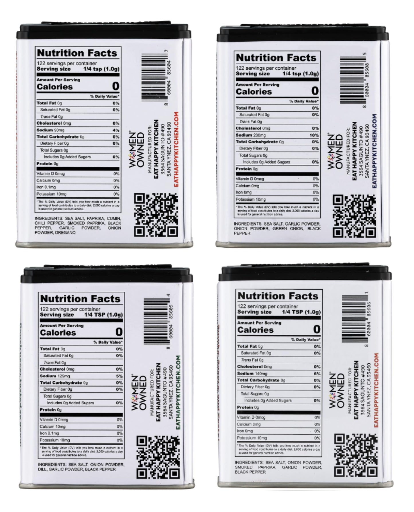 Eat Happy Kitchen Seasoning Variety Pack, 4 x 4.3 Oz - Salt, BBQ, Ranch Dust & Taco Dust - All-Purpose Spice Blends - No Sugar Added, Gluten Free, No