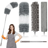 Microfiber Duster, 4PCS with Extension Pole(Stainless Steel) 30 to 100 Inches, Reusable Bendable Dusters, Washable Lightweight Dusters for Cleaning