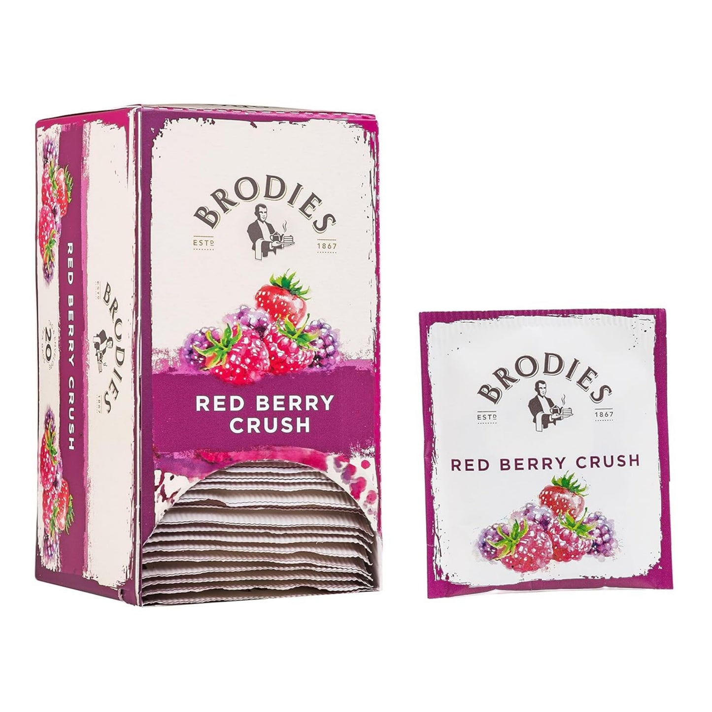 Brodies Tea, Red Berry Crush, Caffeine Free Tea Imported from Scotland, Box of 20 Tag and Envelope Bags (Pack of 1)
