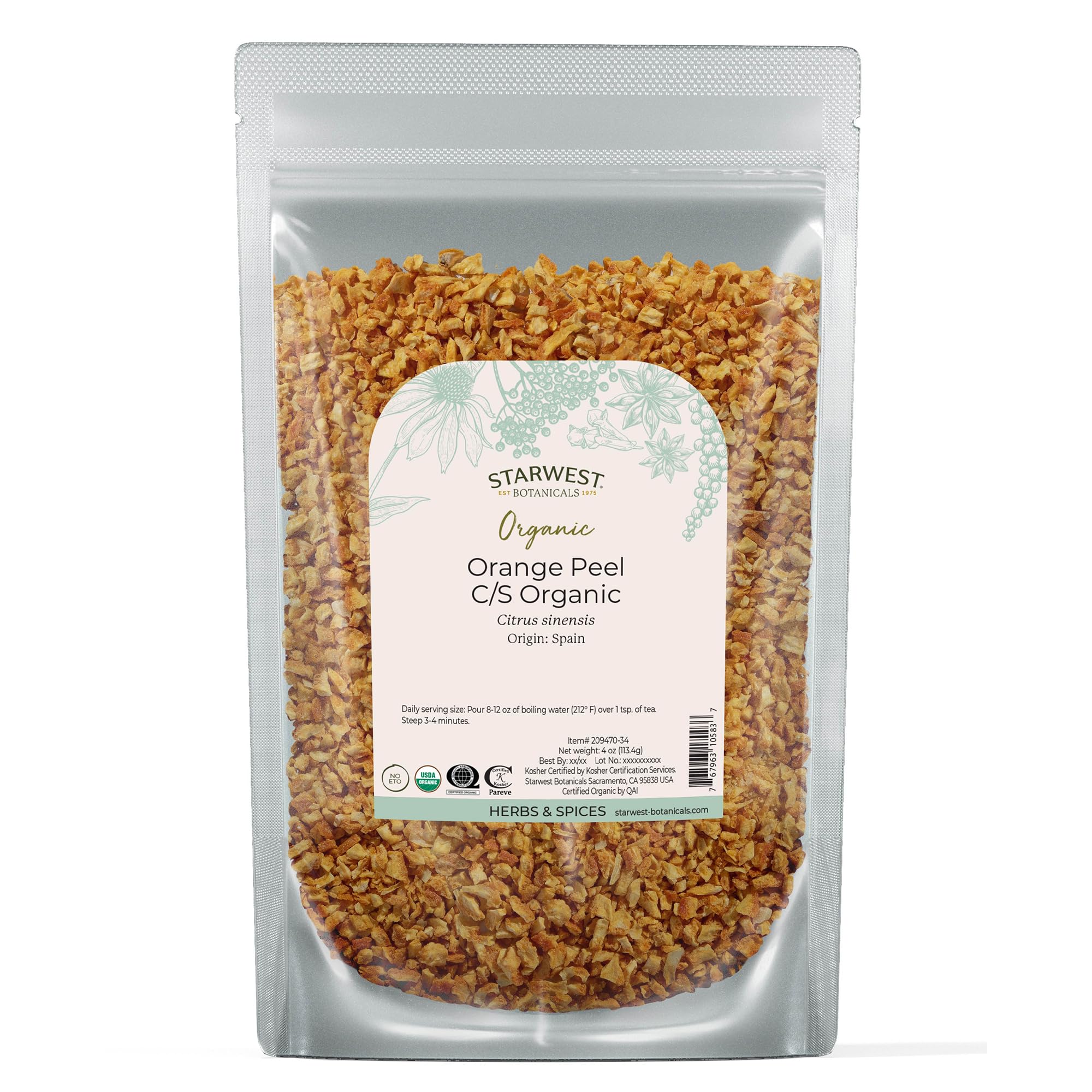 Starwest Botanicals Organic Dried Orange Peel - Pure Citrus Peel for Baking, Tea, & Spice Blends, Bright & Zesty, Cut & Sifted, Certified Kosher